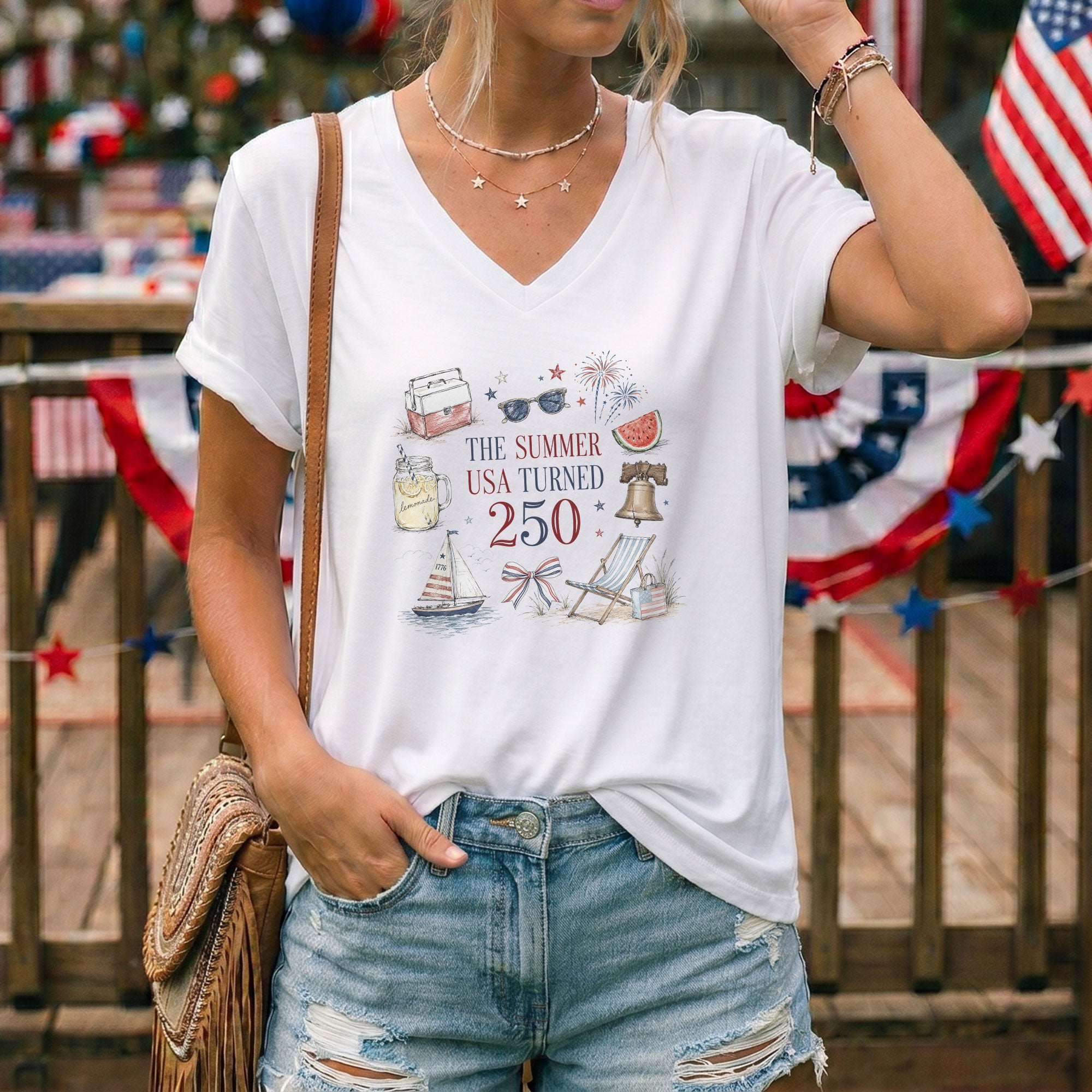 Casual V-Neck The Summer USA Turned 250 Tee Patriotic Summer Celebration Gift