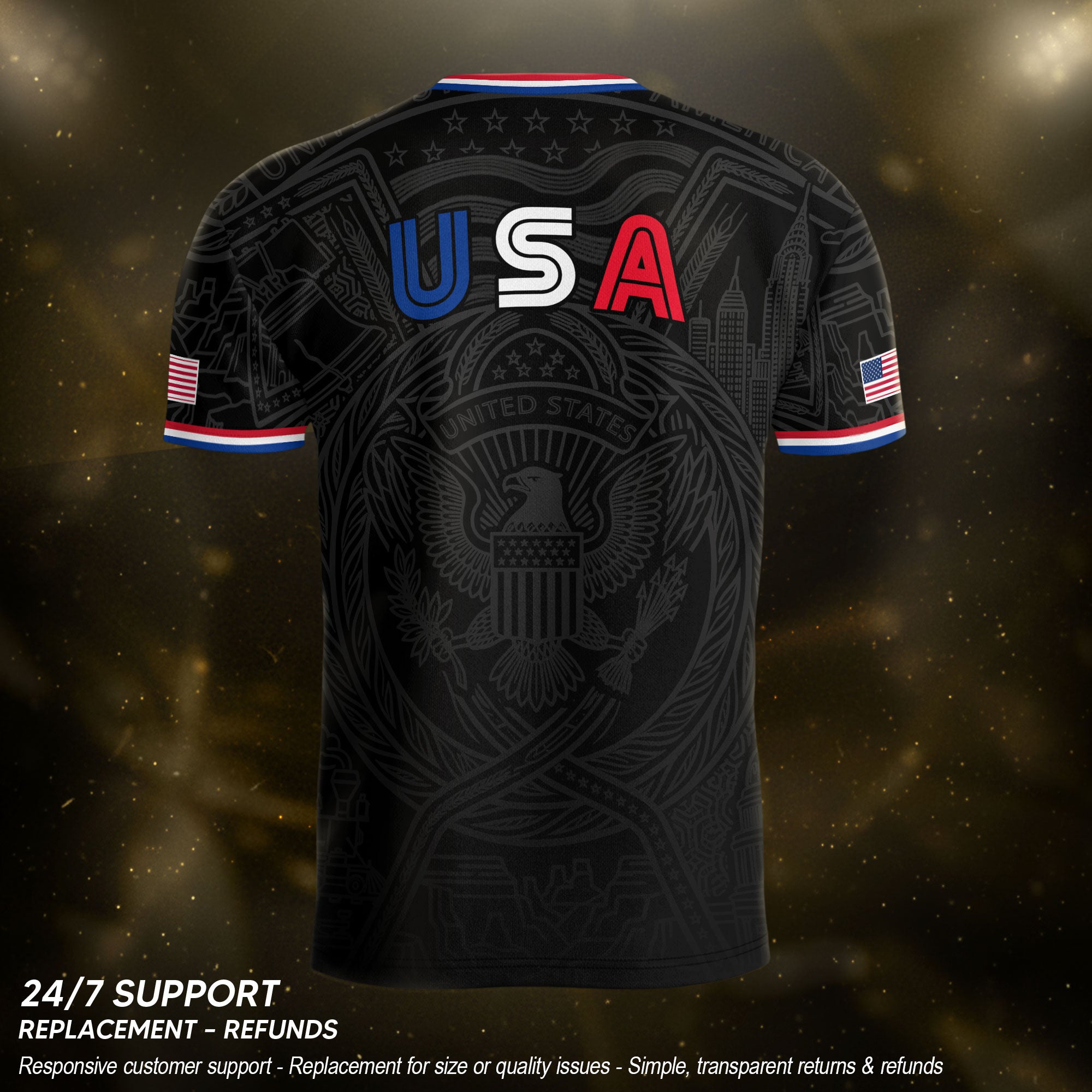 USA Patriotic Soccer Jersey Adult Black Eagle American Flag Independence Day Shirt