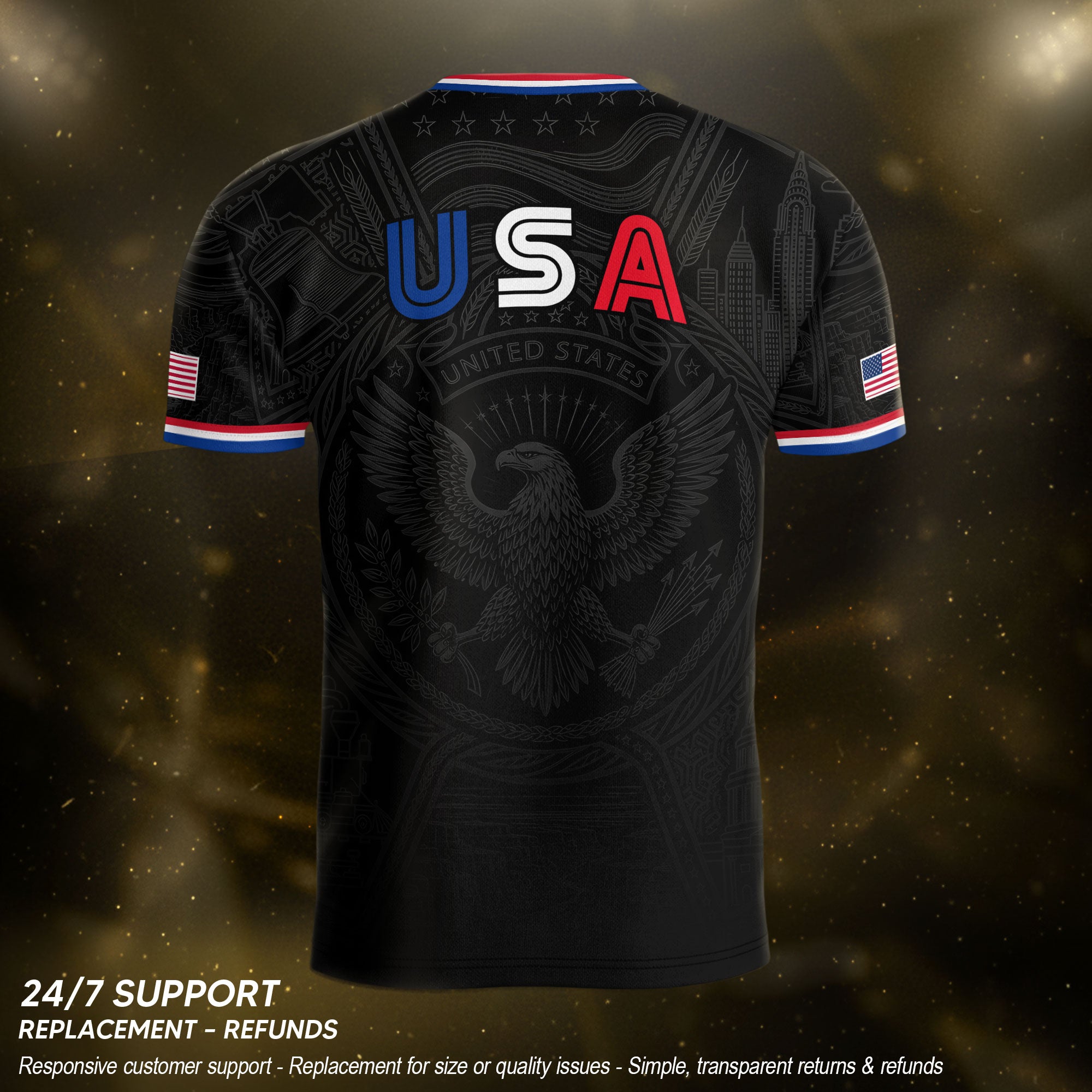 USA Patriotic Soccer Jersey Adult Black Eagle American Flag Independence Day Shirt