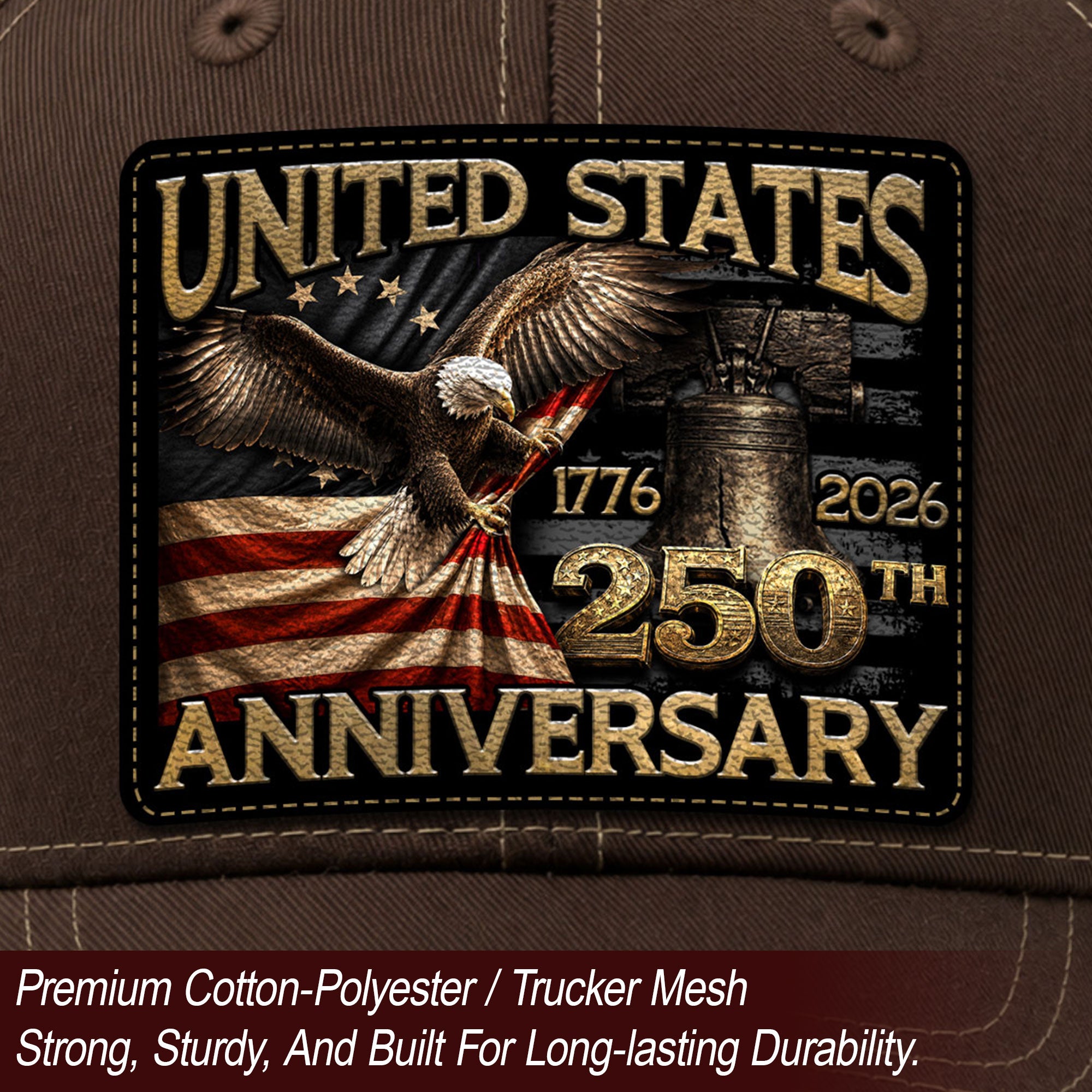 US 250th Anniversary Eagle Trucker Hat Vintage Leather Patch Patriotic Historic Cap