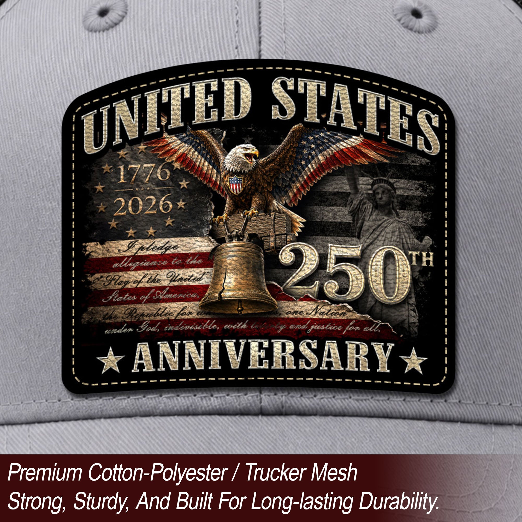 US 250th Anniversary Trucker Hat Statue of Liberty Bell Eagle Patriotic Mesh Cap