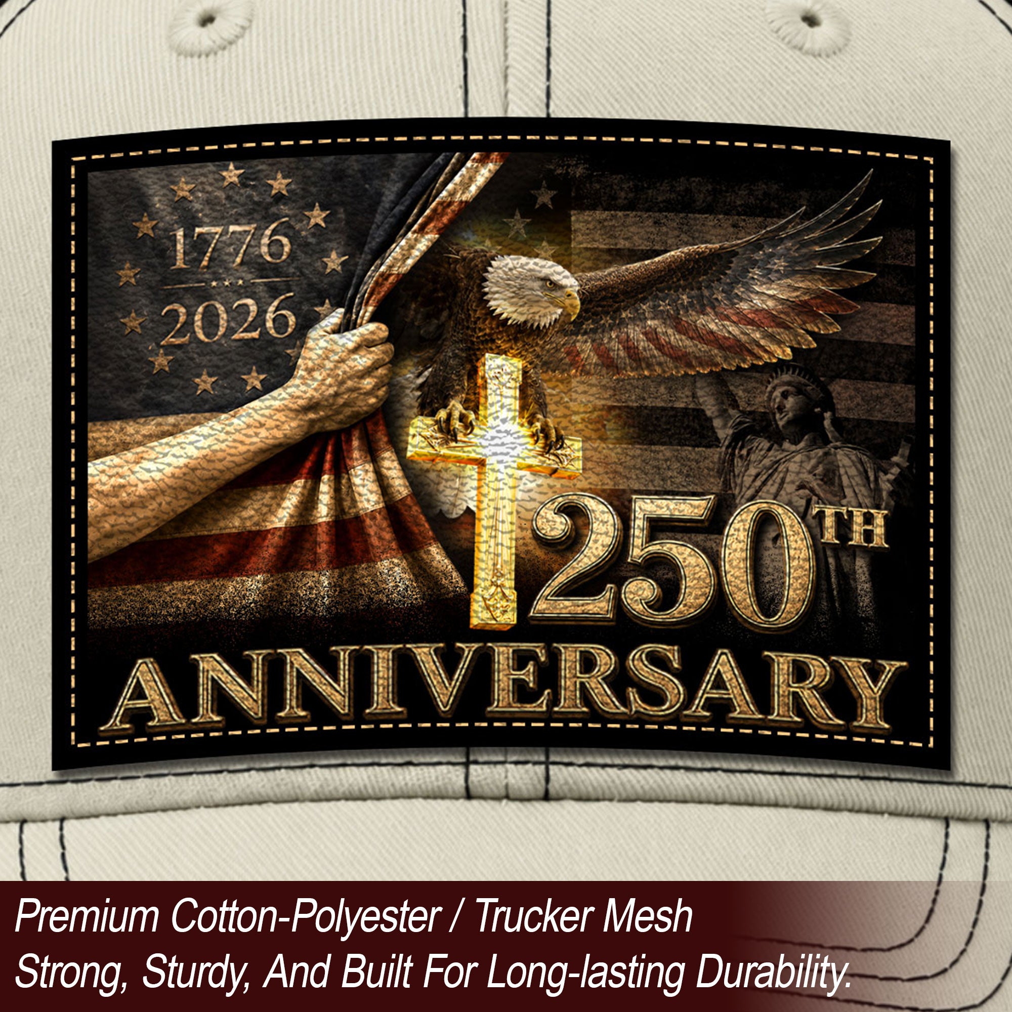 US 250th Anniversary Trucker Hat Christian Cross Eagle Patriotic Leather Patch Mesh Cap
