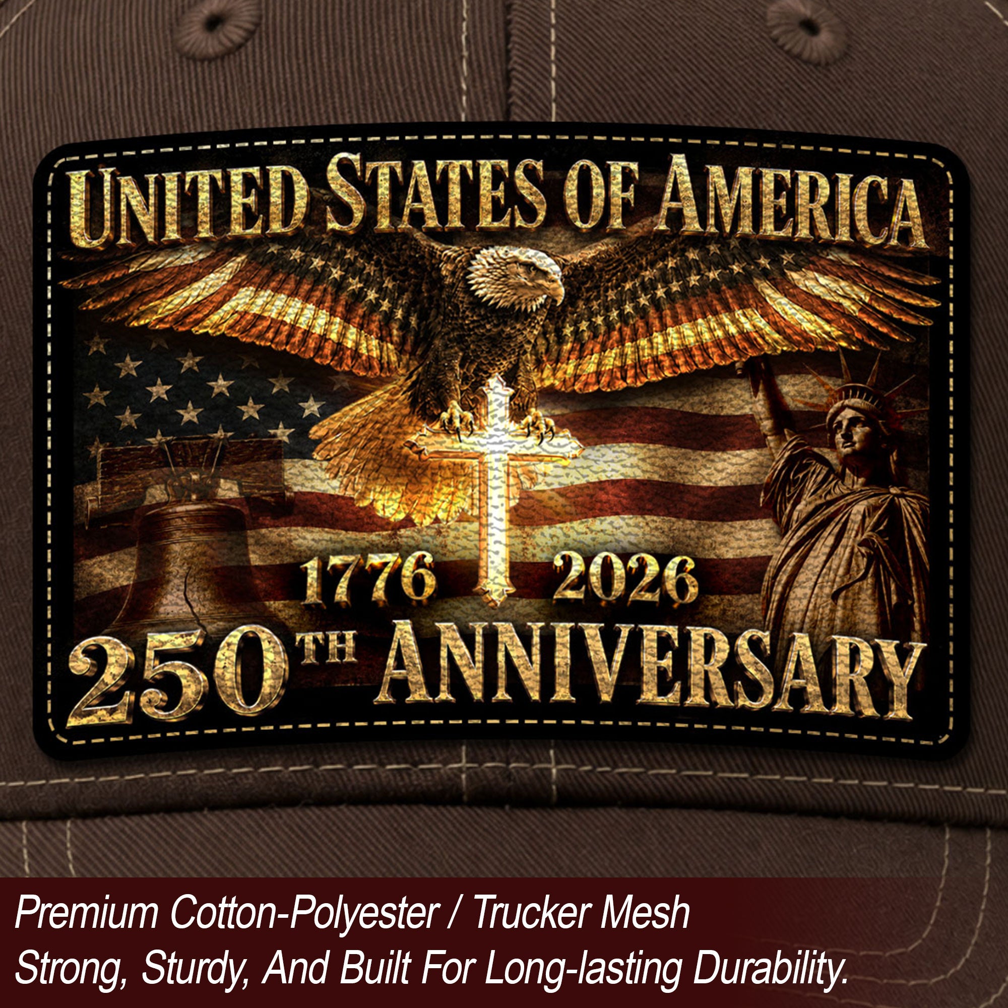 US 250th Anniversary Trucker Hat Christian Cross Eagle Liberty Bell Patriotic Mesh Cap