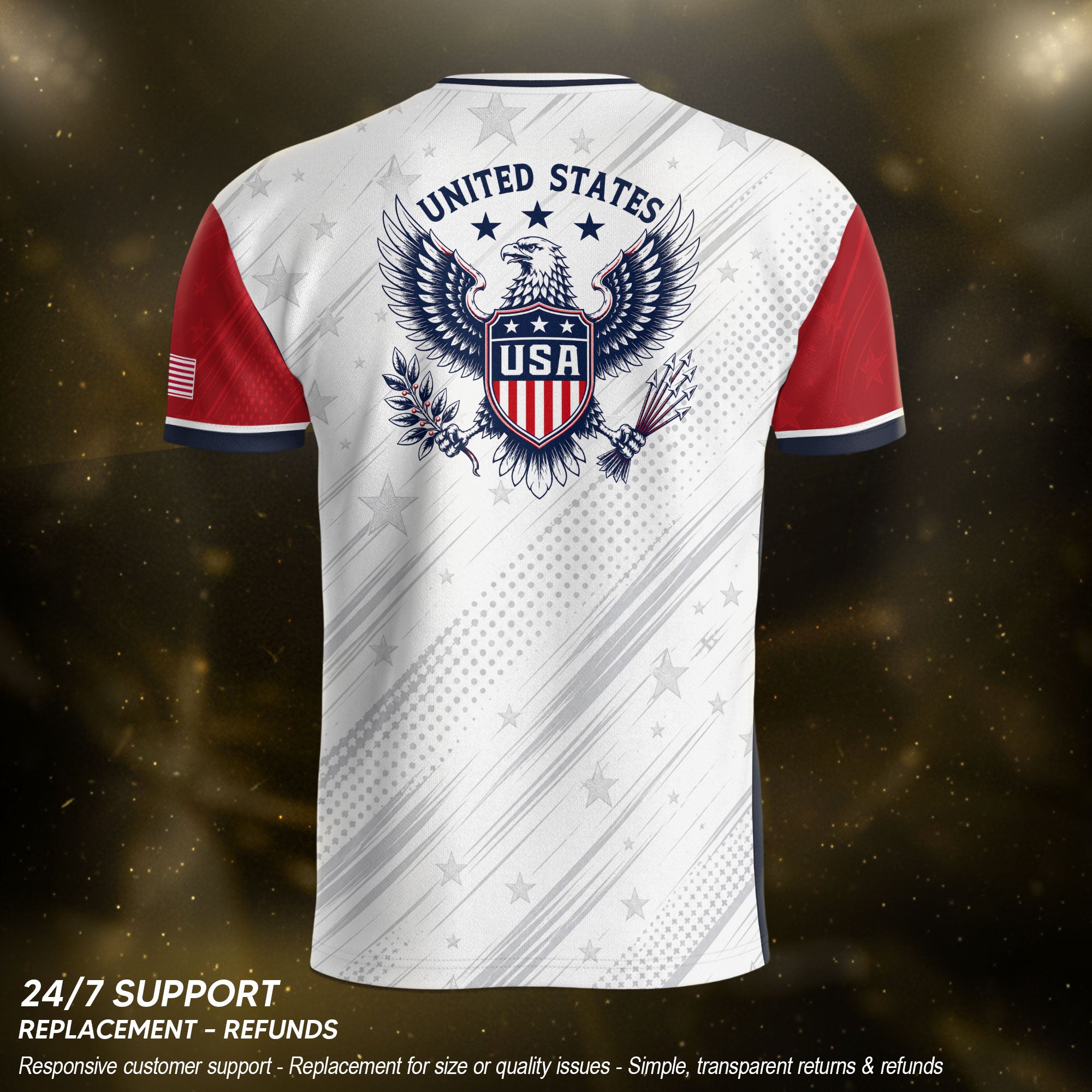 Adult USA Soccer Jersey White Navy Patriotic Diagonal Sash Polka Dot United States Tee