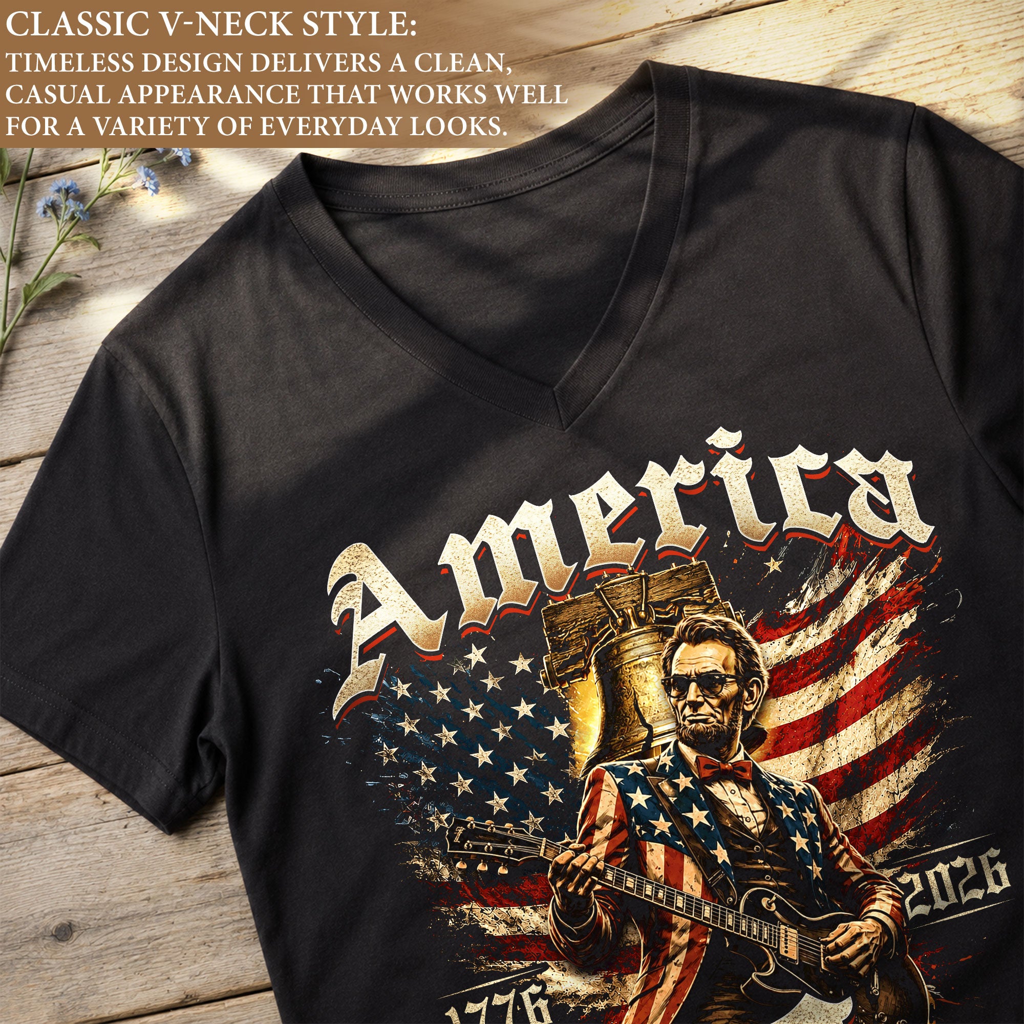 Lincoln Guitar V Neck Women T-Shirt Retro Aesthetic Patriotic 1776-2026 America 250 Years