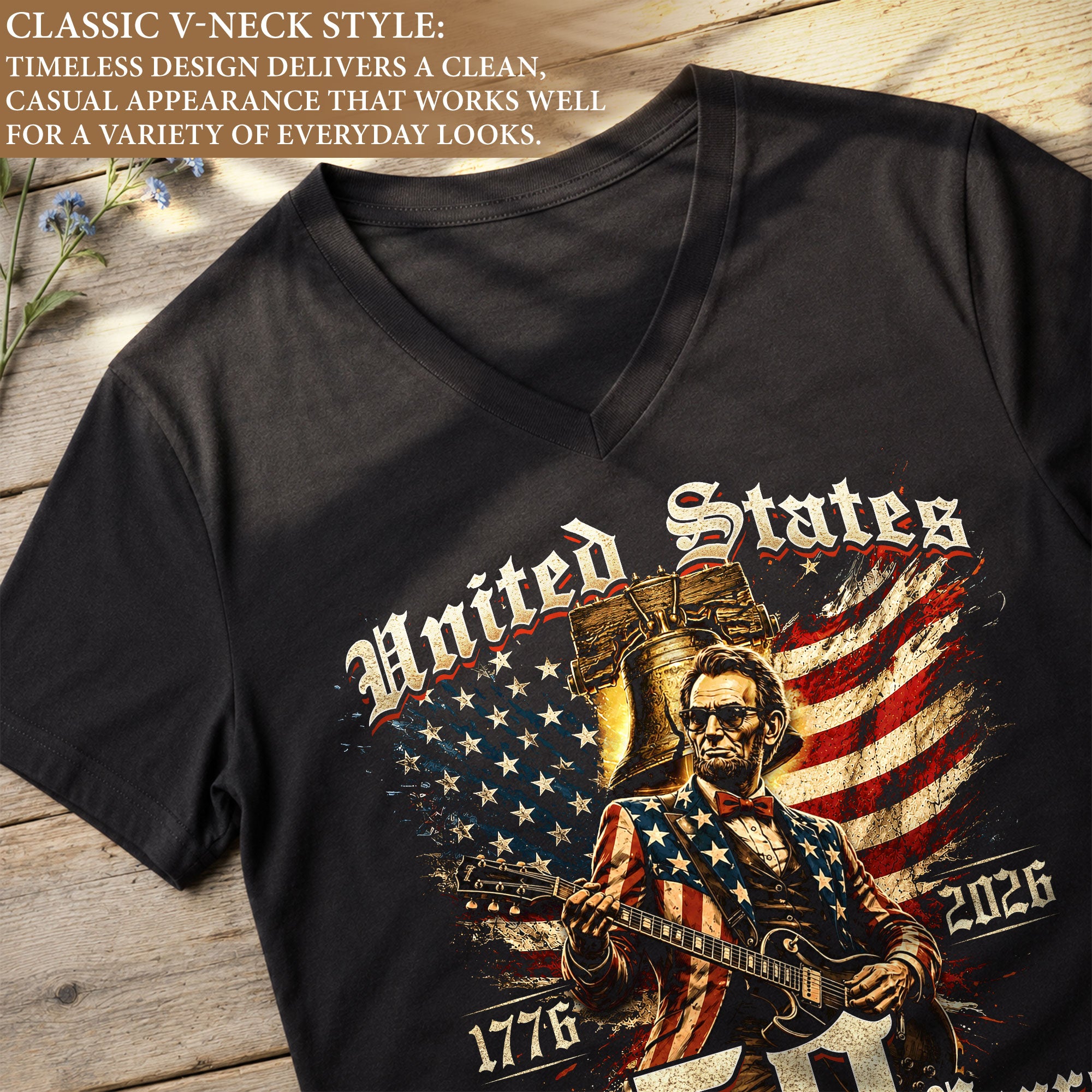 Lincoln Guitar V Neck Women T-Shirt Retro Aesthetic Patriotic 1776-2026 America 250 Years