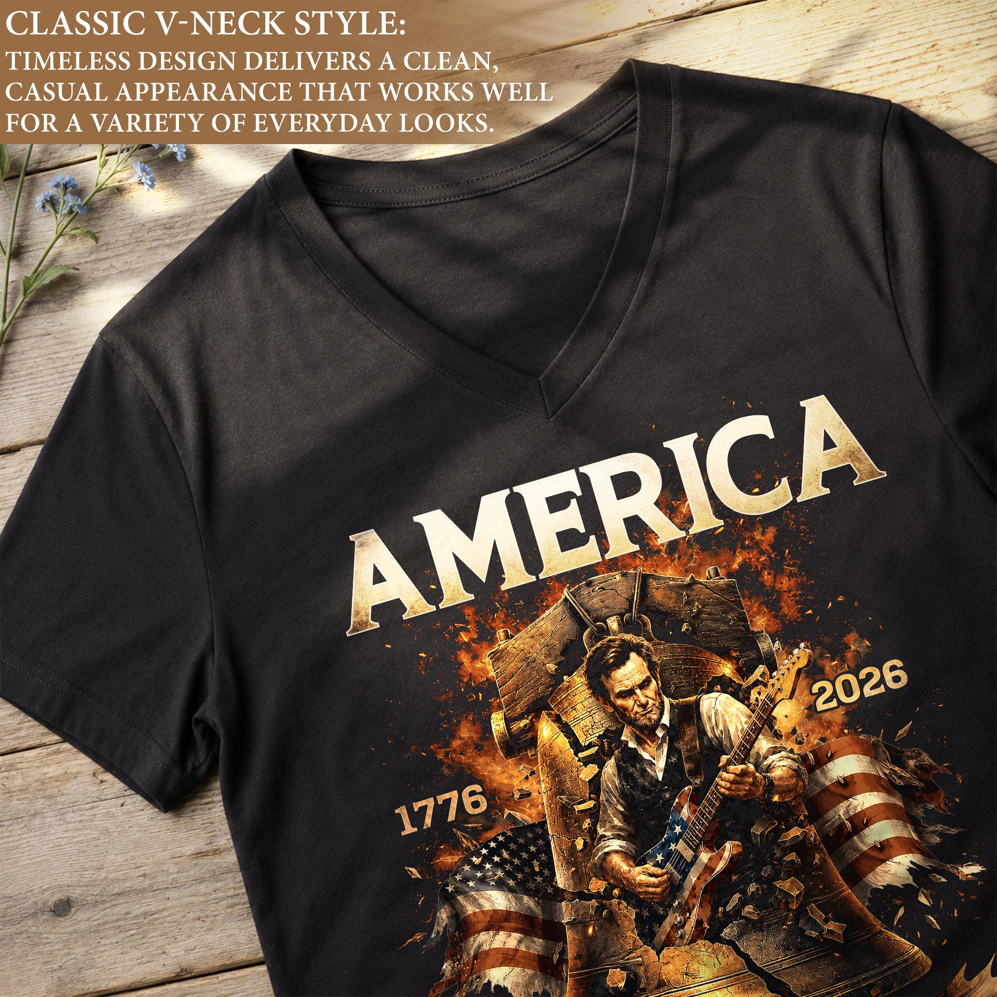 Liberty Bell Guitar V Neck Women T-Shirt Patriotic 1776-2026 America 250 Years Black Tee