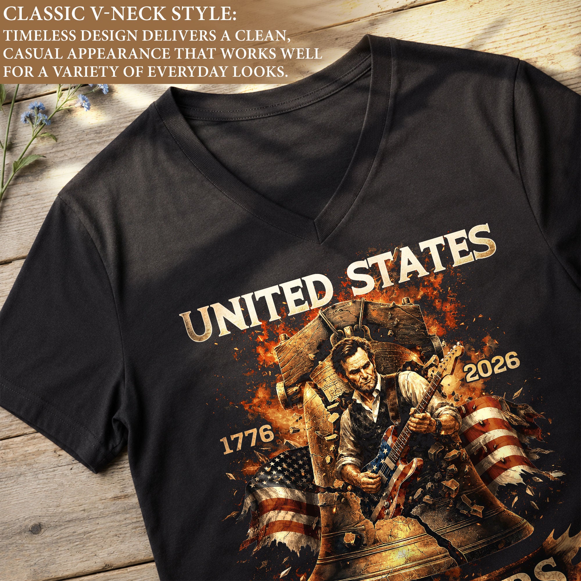 Liberty Bell Guitar V Neck Women T-Shirt Patriotic 1776-2026 America 250 Years Black Tee