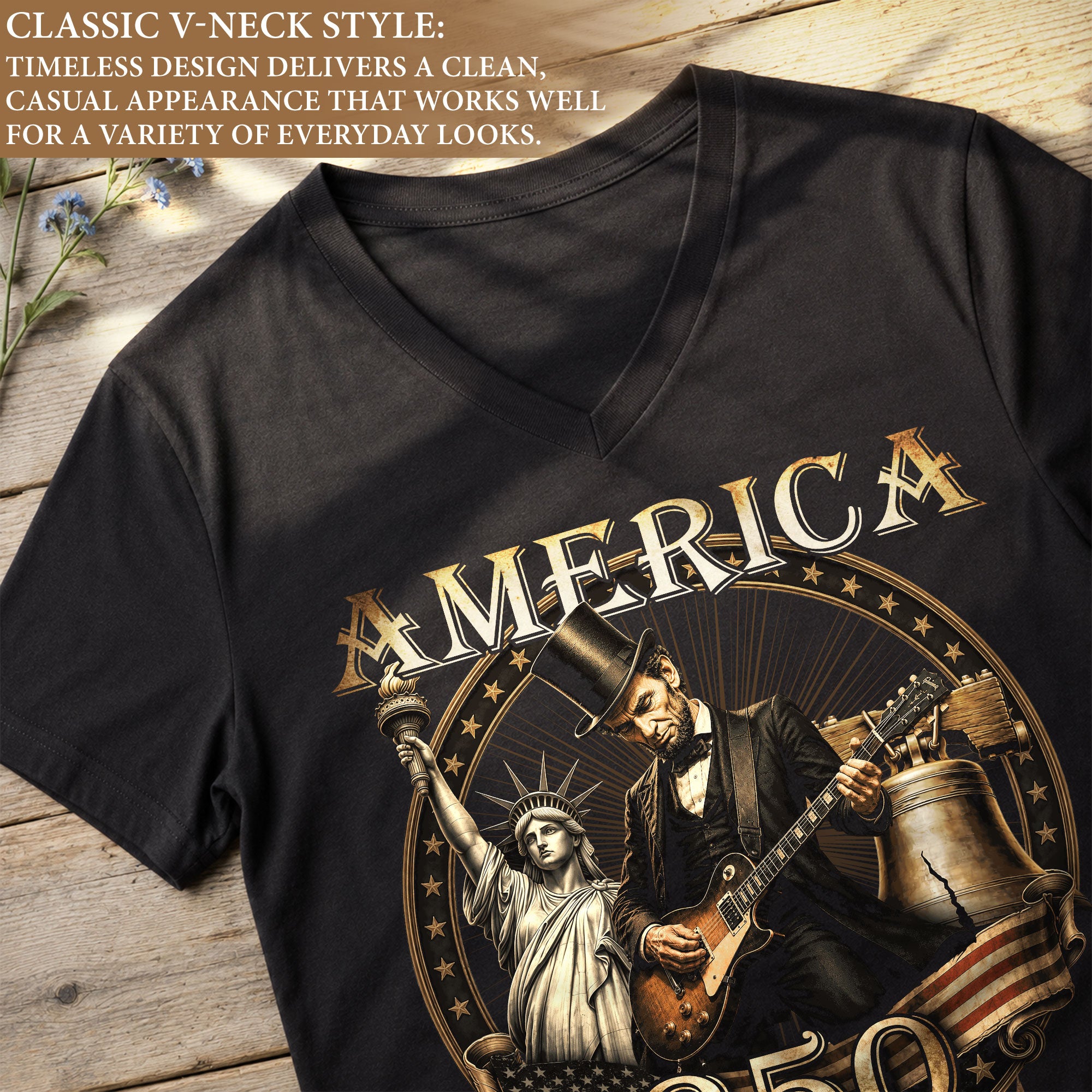 Lincoln Guitar V-Neck Shirt Soft Graphic Tee Patriotic 1776-2026 America 250 Years