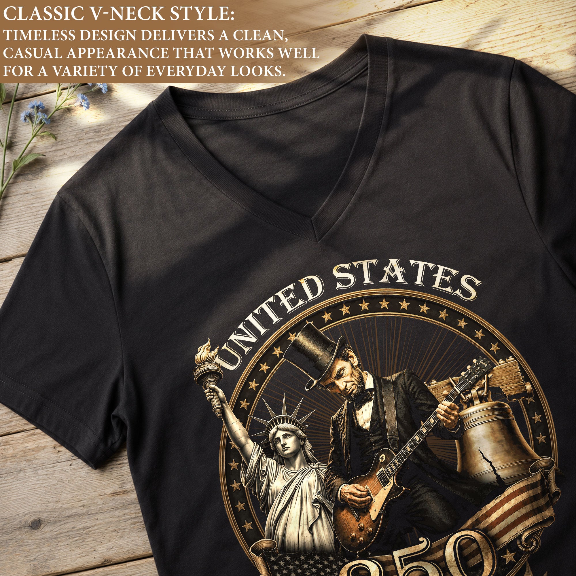 Lincoln Guitar V-Neck Shirt Soft Graphic Tee Patriotic 1776-2026 America 250 Years