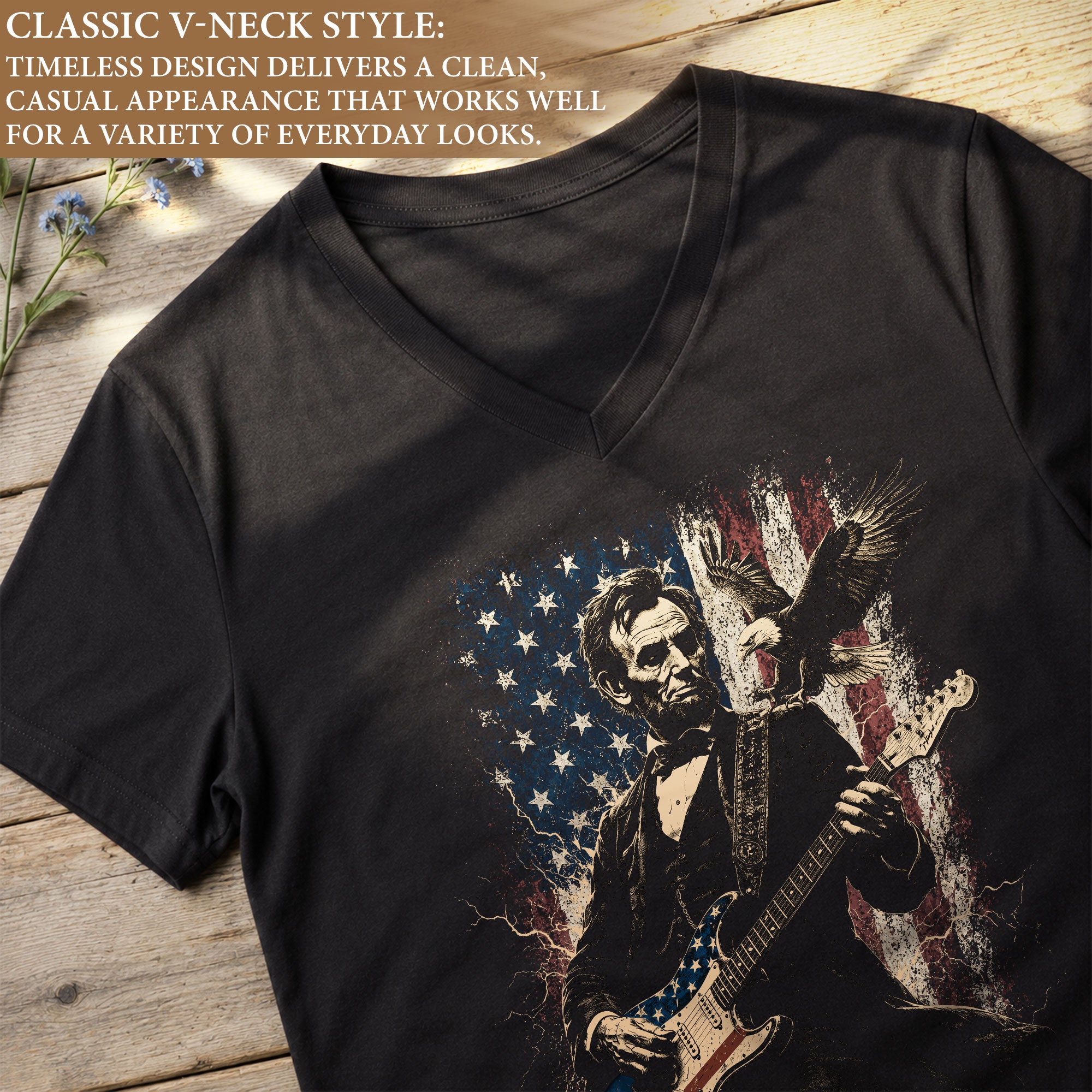 Abraham Lincoln Playing Guitar V-neck Shirt - Patriotic American Flag Graphic Tee
