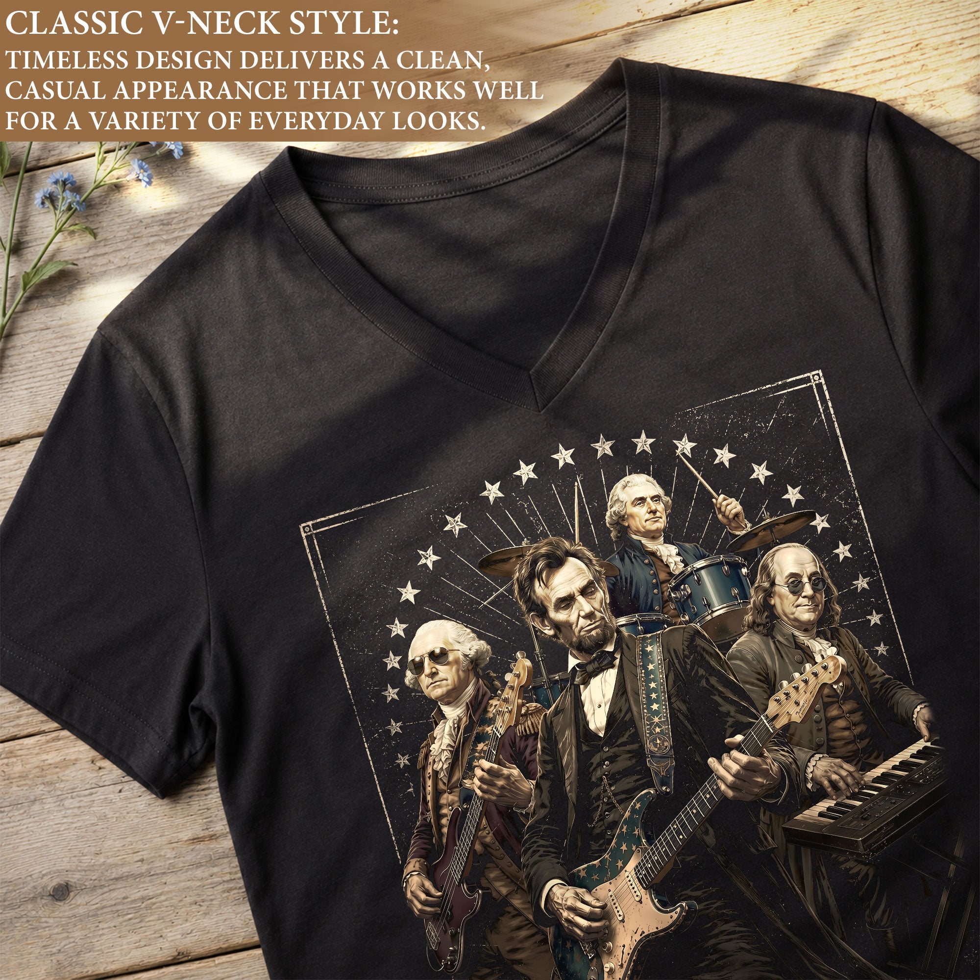 US Founding Fathers Rock Band V-neck Shirt - Vintage American Patriotic Graphic Tee