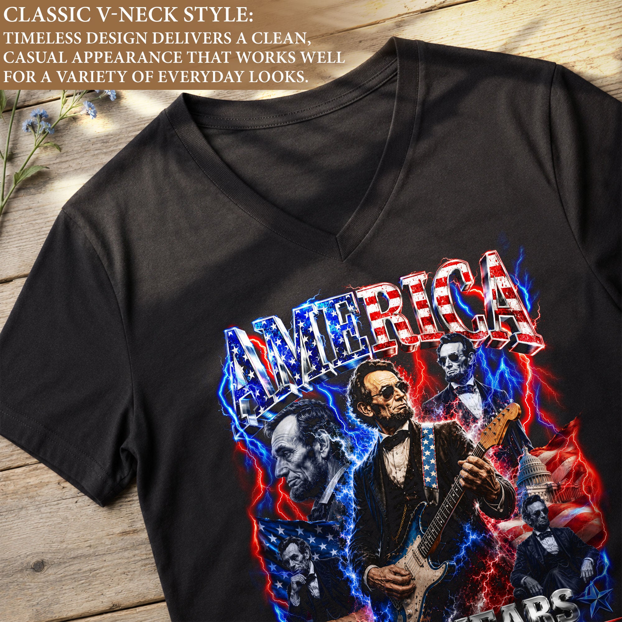 Patriotic Abraham Lincoln Rock Guitar V-neck Shirt - 1776-2026 Historical Graphic Tee