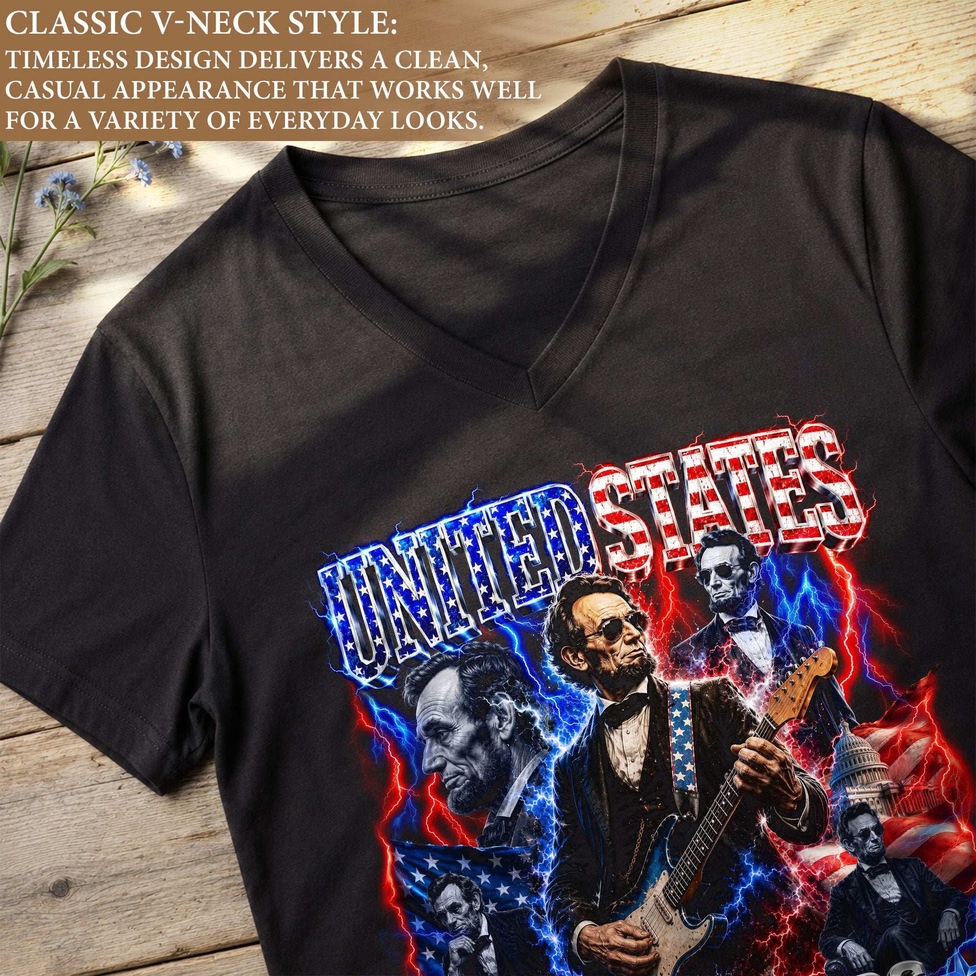 Patriotic Abraham Lincoln Rock Guitar V-neck Shirt - 1776-2026 Historical Graphic Tee