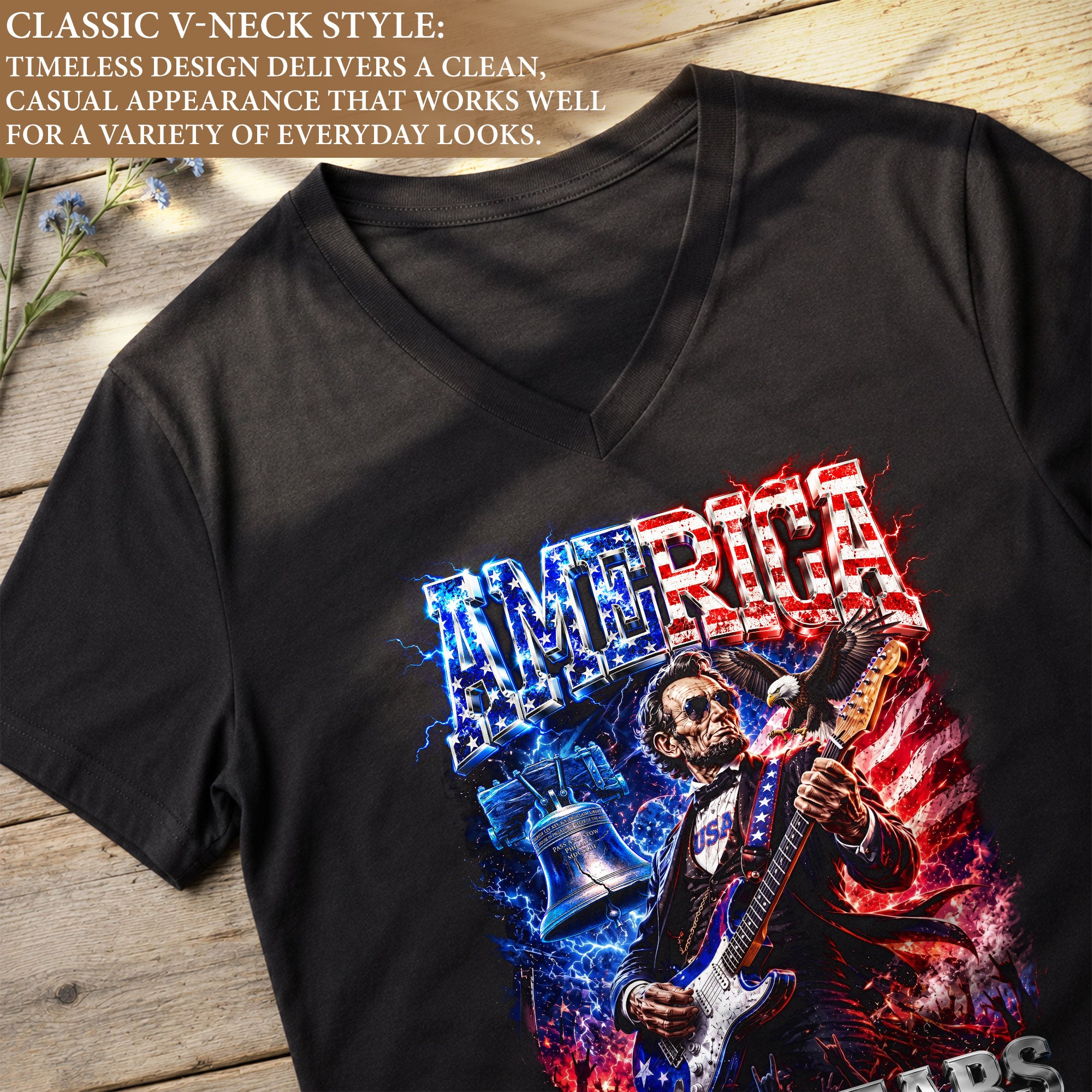 Vintage Abraham Lincoln Rocker V-neck Shirt - Patriotic USA 1776-2026 Graphic Apparel