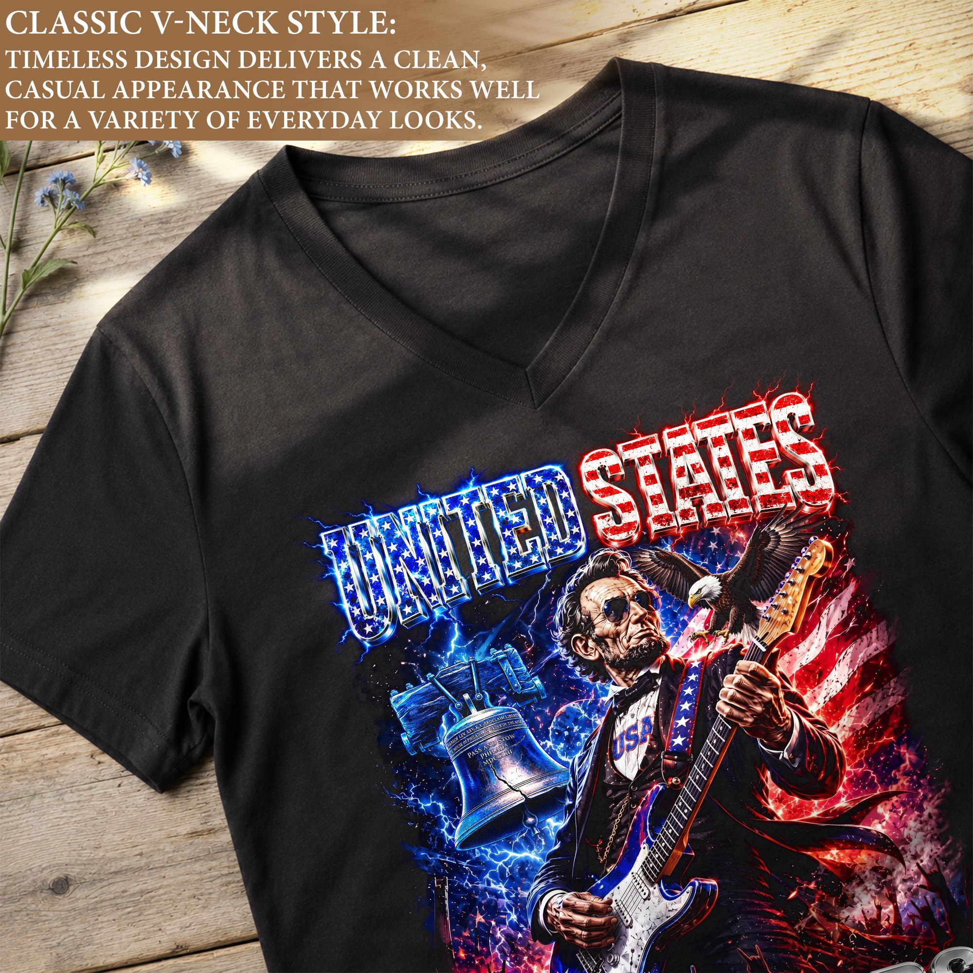 Vintage Abraham Lincoln Rocker V-neck Shirt - Patriotic USA 1776-2026 Graphic Apparel