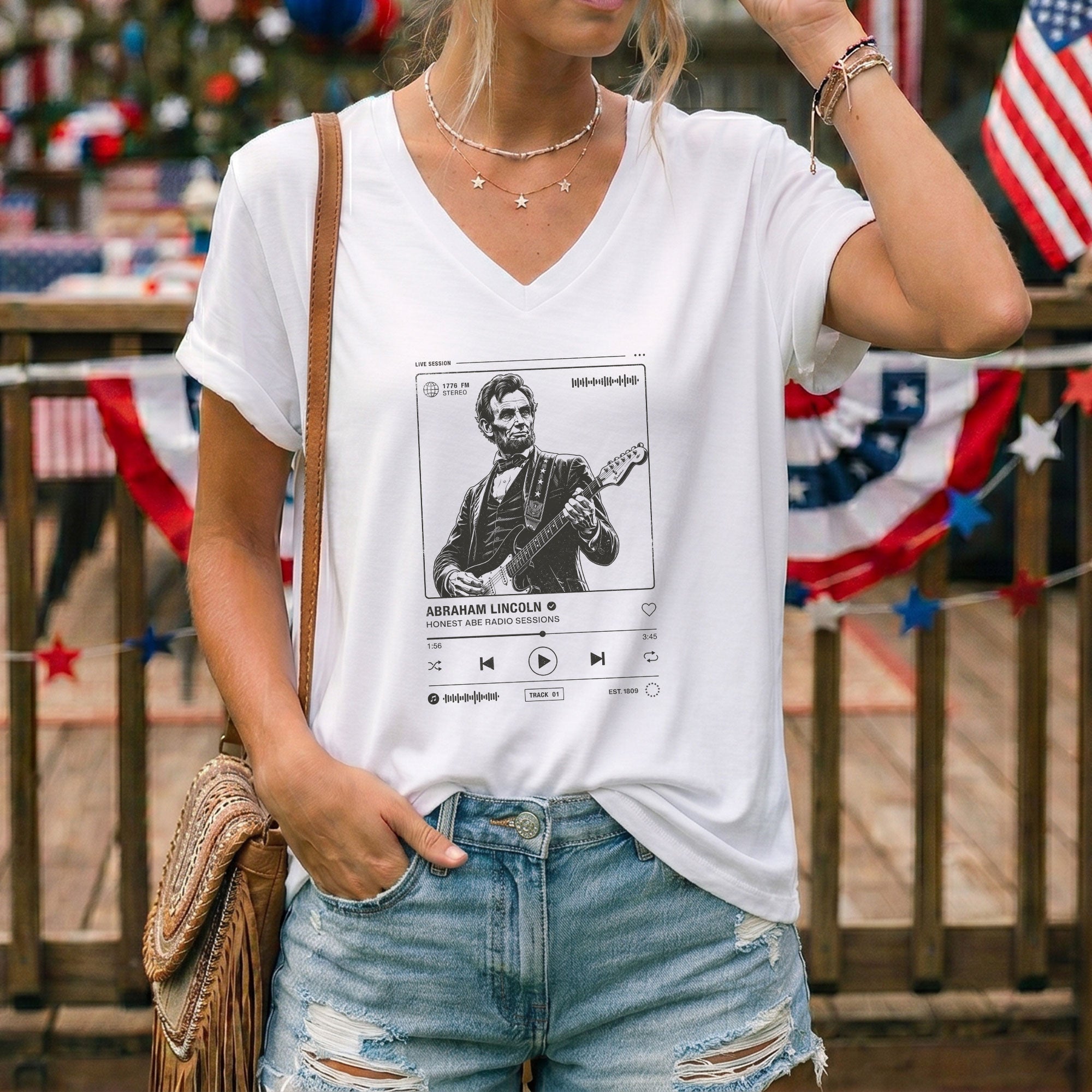 Abraham Lincoln Music Radio Session White V-neck Shirt - Vintage Graphic Apparel Tee