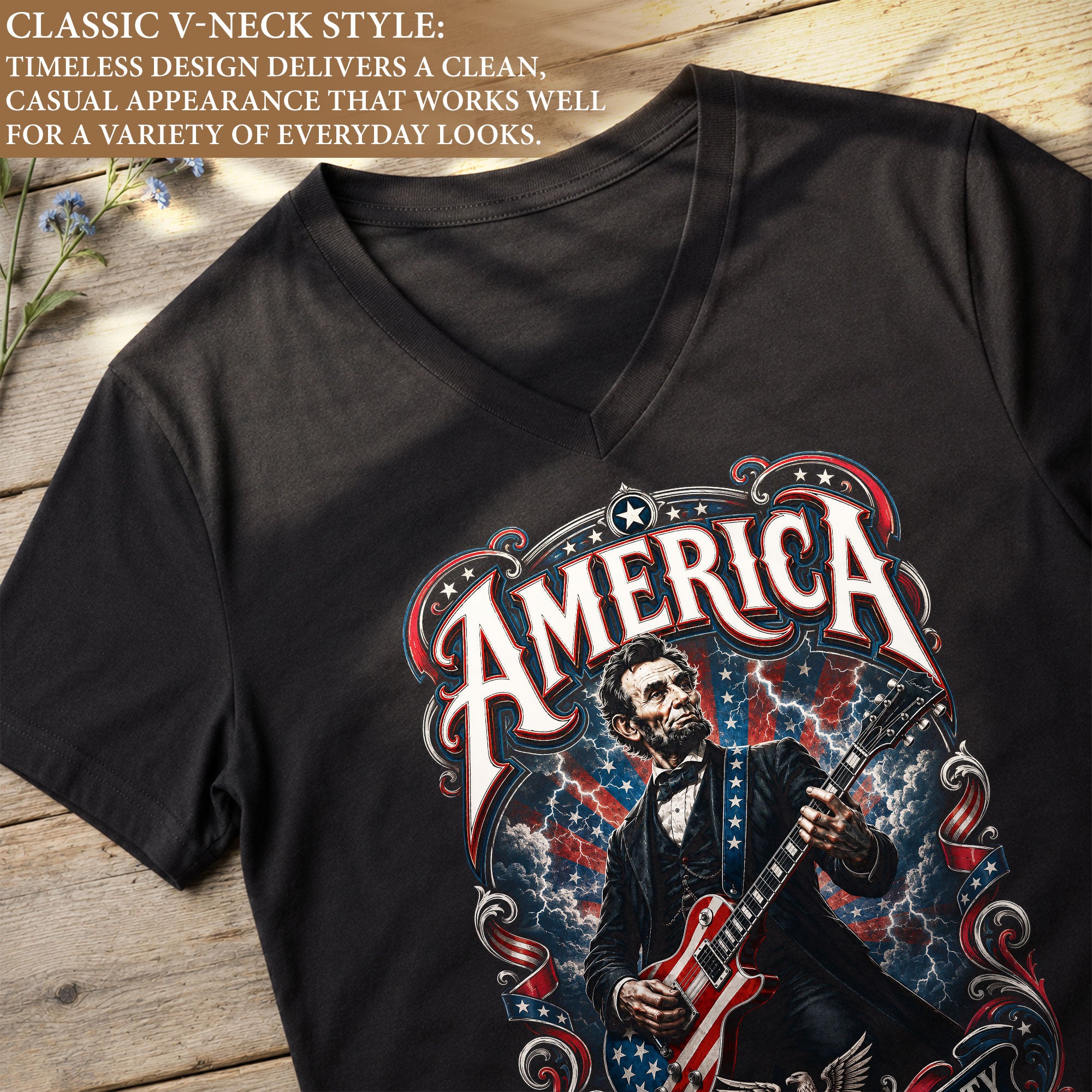 Patriotic Abraham Lincoln Guitarist V-neck Shirt - 250 Years of Liberty Graphic Apparel