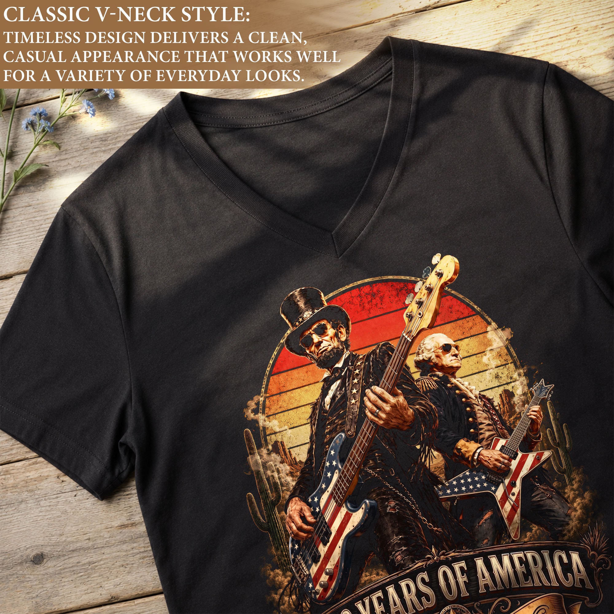 250 Years of America Rocking Icons V-neck Shirt - Vintage Patriotic Music Graphic Tee