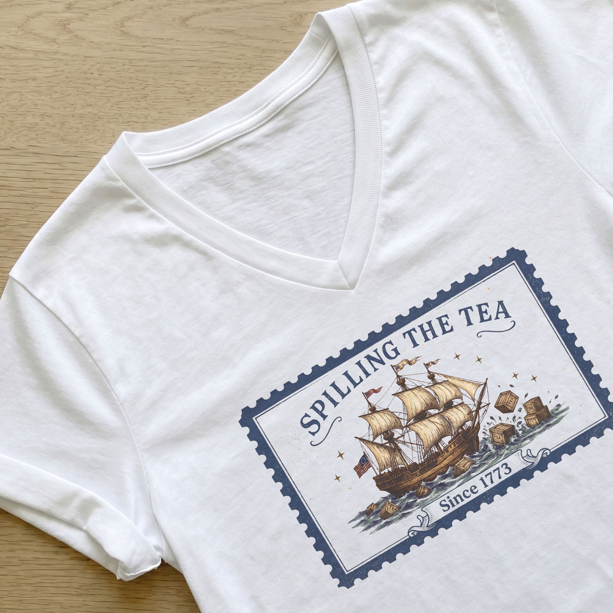 Women Spilling The Tea Since 1773 V-Neck Tee Vintage Patriotic Sailing Ship Shirt