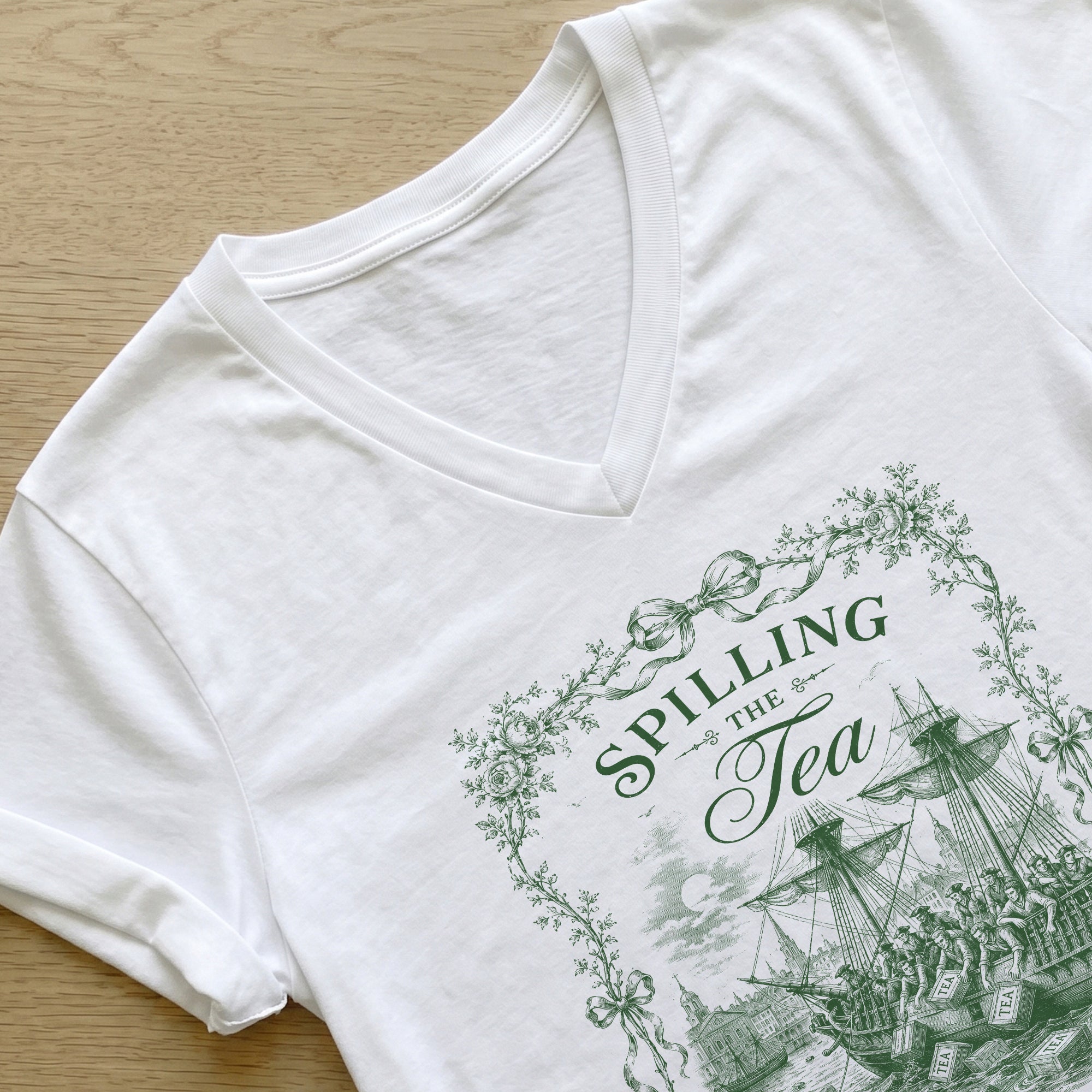 Women Spilling The Tea Since 1773 V-Neck Shirt Vintage Patriotic Boston Tea Party Tee