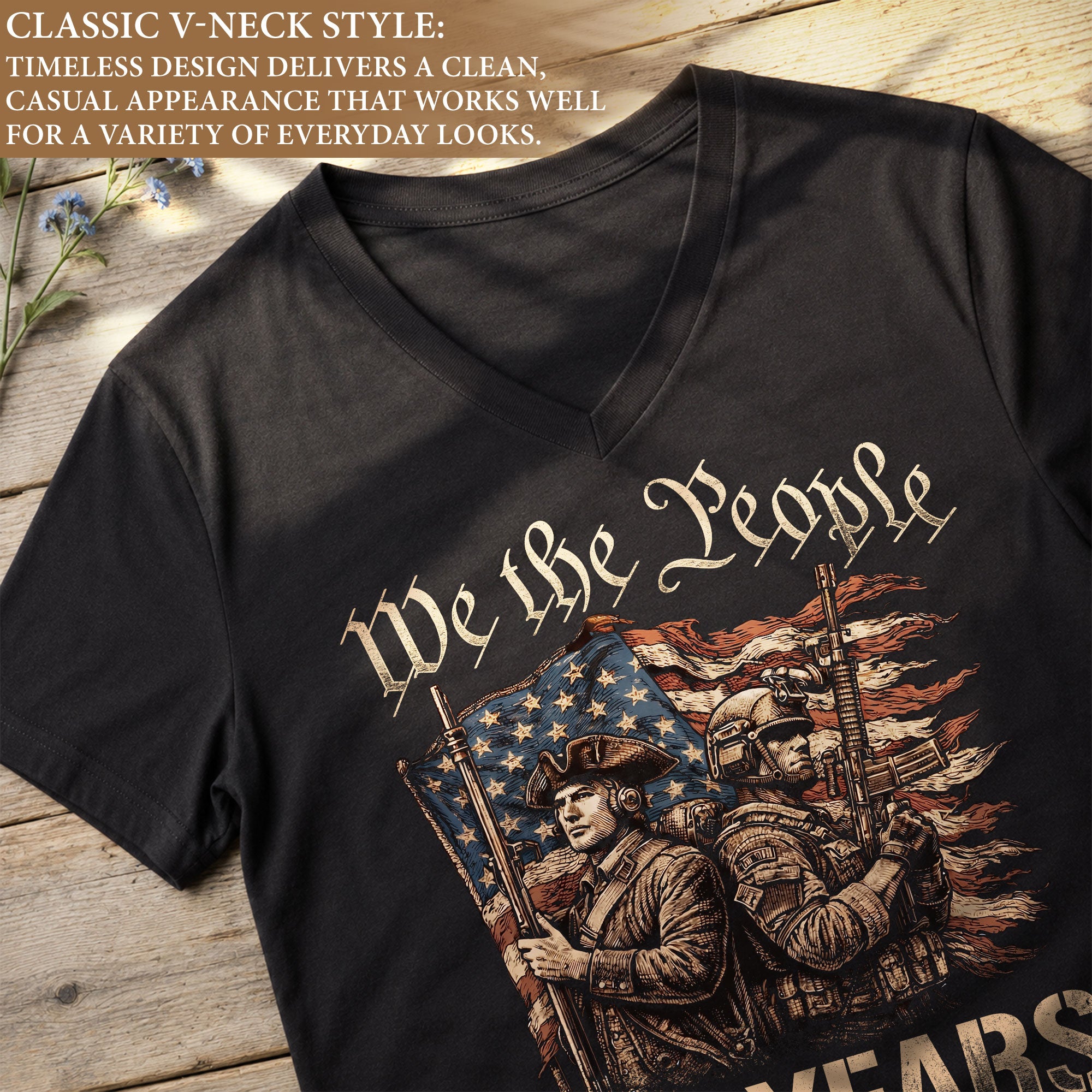 Women's V-Neck Patriotic Tee We The People Soldier Graphic 1776-2026 Historical Shirt