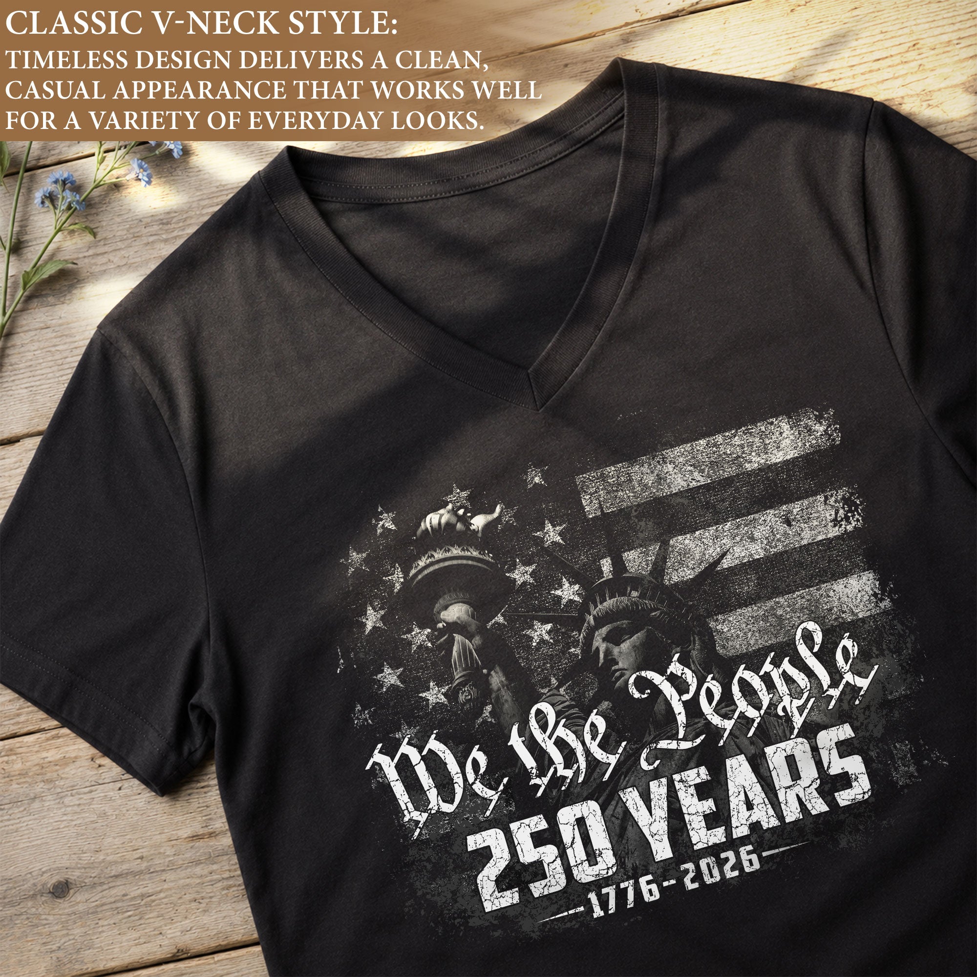 Women's Statue of Liberty V-Neck Tee "We The People" 1776-2026 Patriotic Apparel - Rust Field Wear