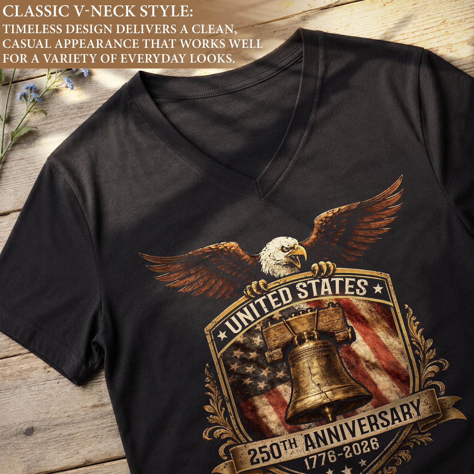 Women's Graphic V-Neck T-Shirt US 250 Years 1776-2026 Anniversary Patriotic Design - Rust Field Wear