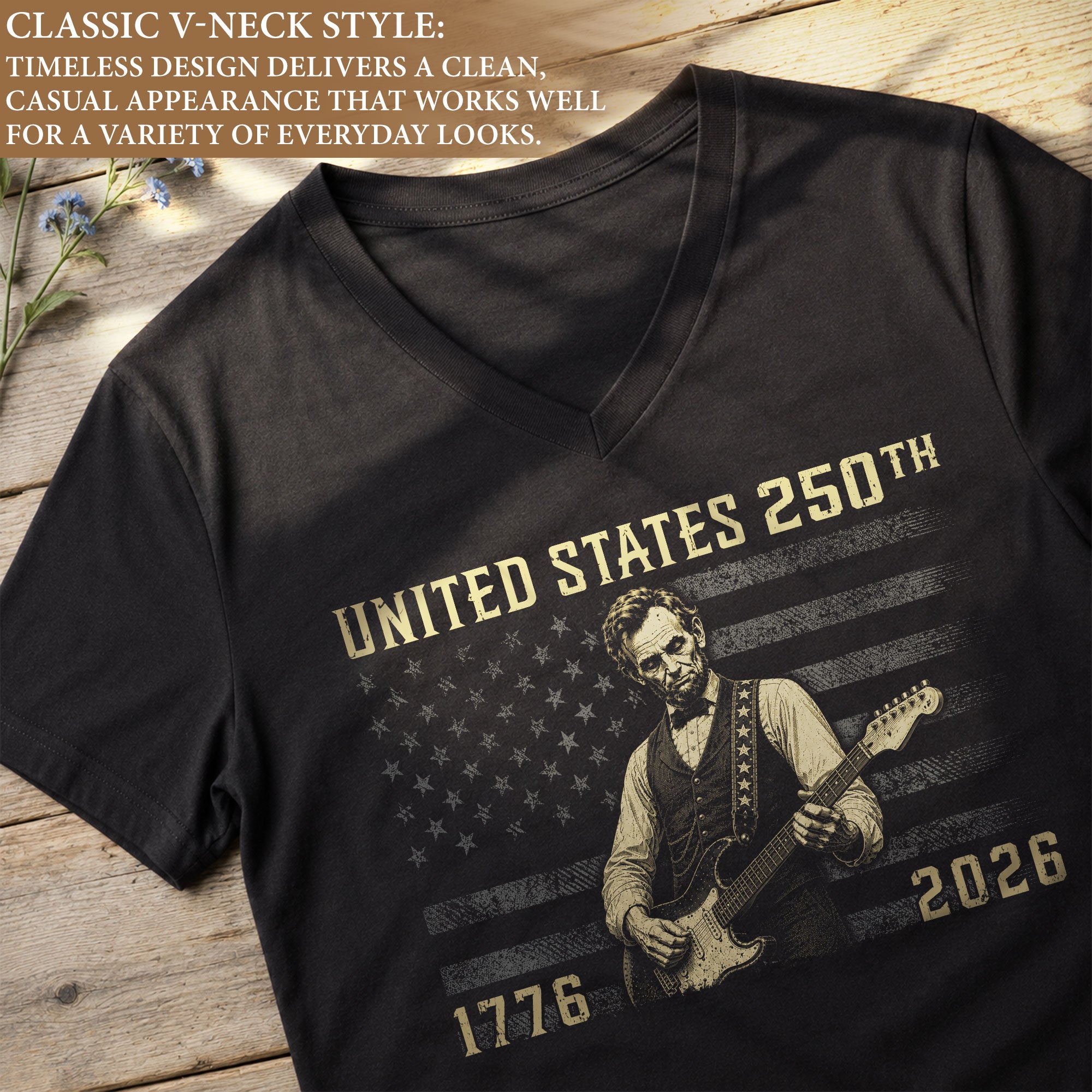 Lincoln Guitar V Neck T-Shirt Patriotic 1776-2026 America 250th Tee Graphic