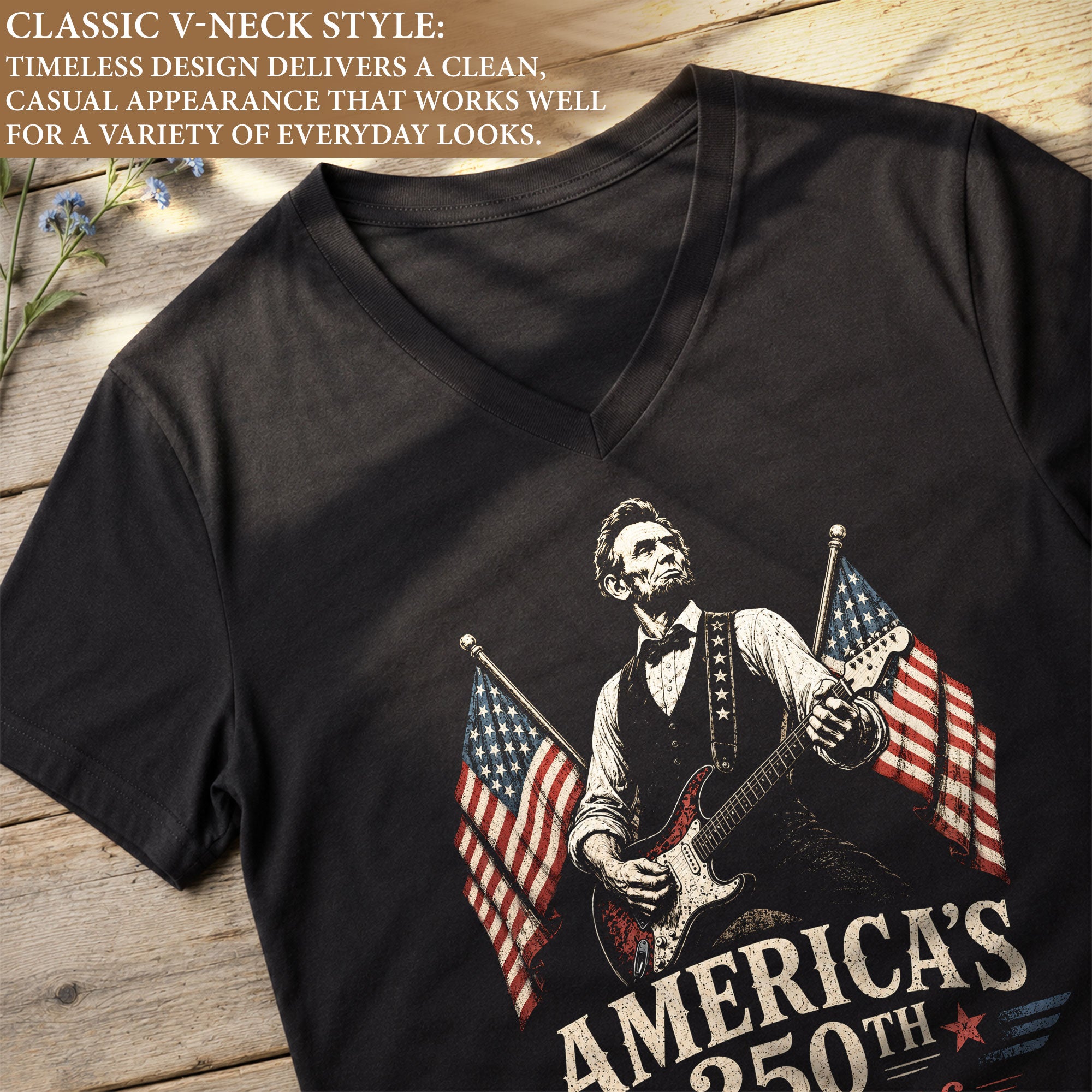 Women's V-Neck Patriotic Tee Abraham Lincoln Guitarist 1776-2026 Anniversary Shirt