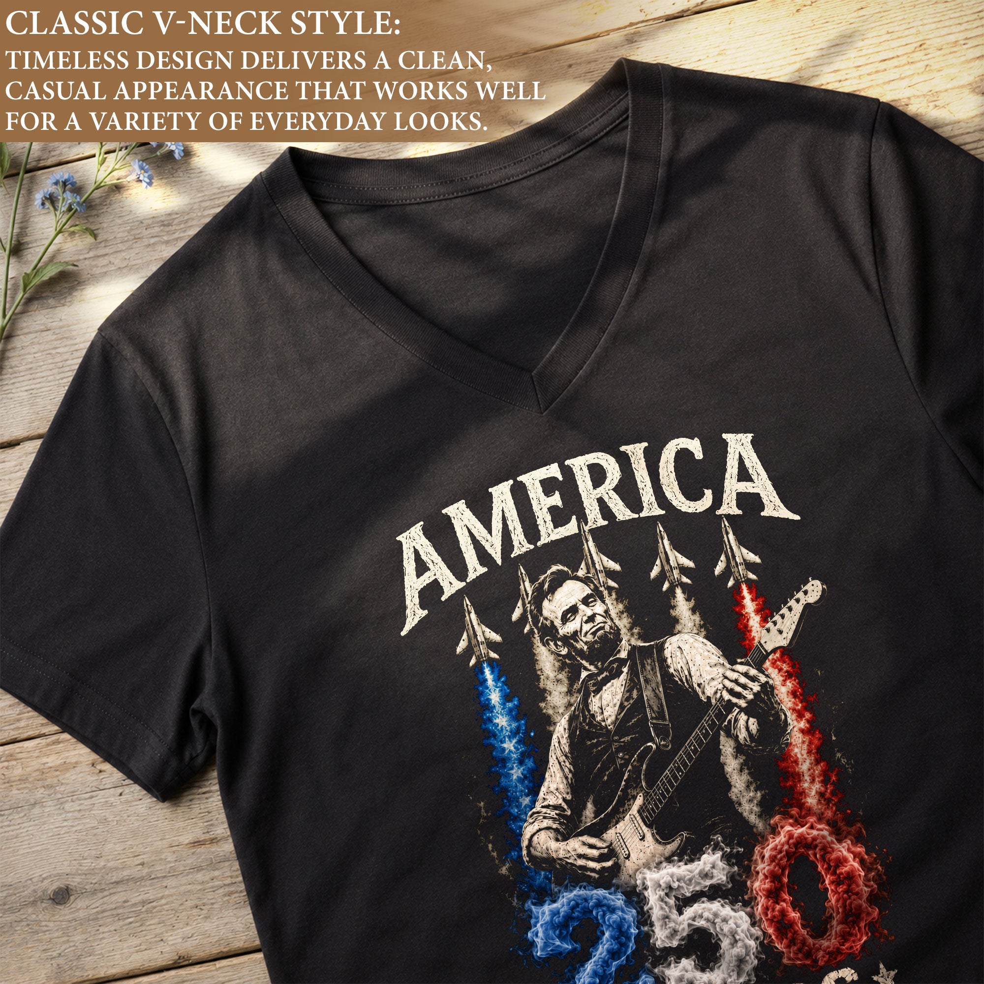 Patriotic V-Neck T-Shirt Women Lincoln Playing Guitar 1776-2026 Jet Graphic Top