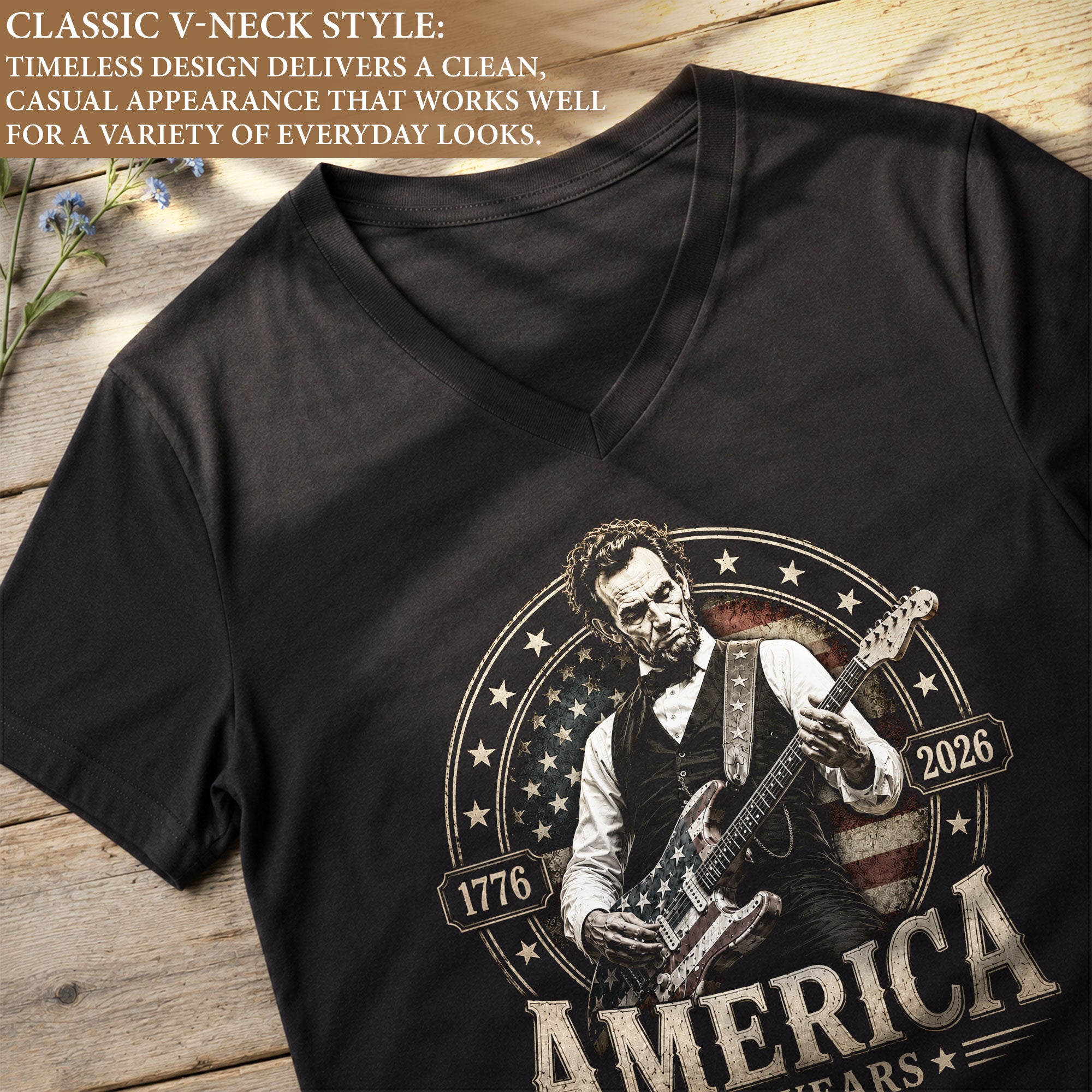 Lincoln Guitarist Graphic V-Neck Shirt Women's America 250 Years 1776-2026 Patriotic