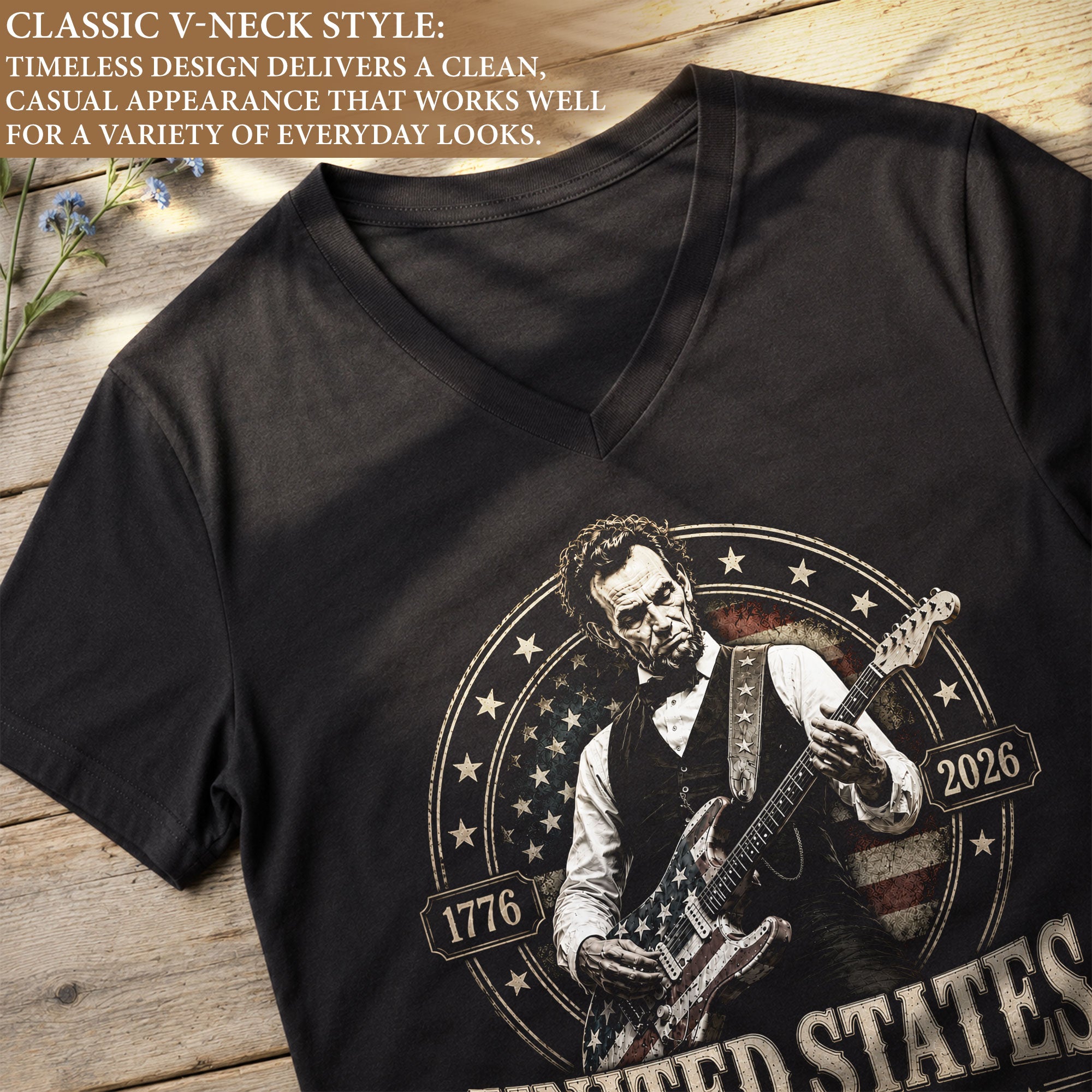 Lincoln Guitarist 1776-2026 Patriotic V-Neck Shirt - Women's Graphic Summer Apparel