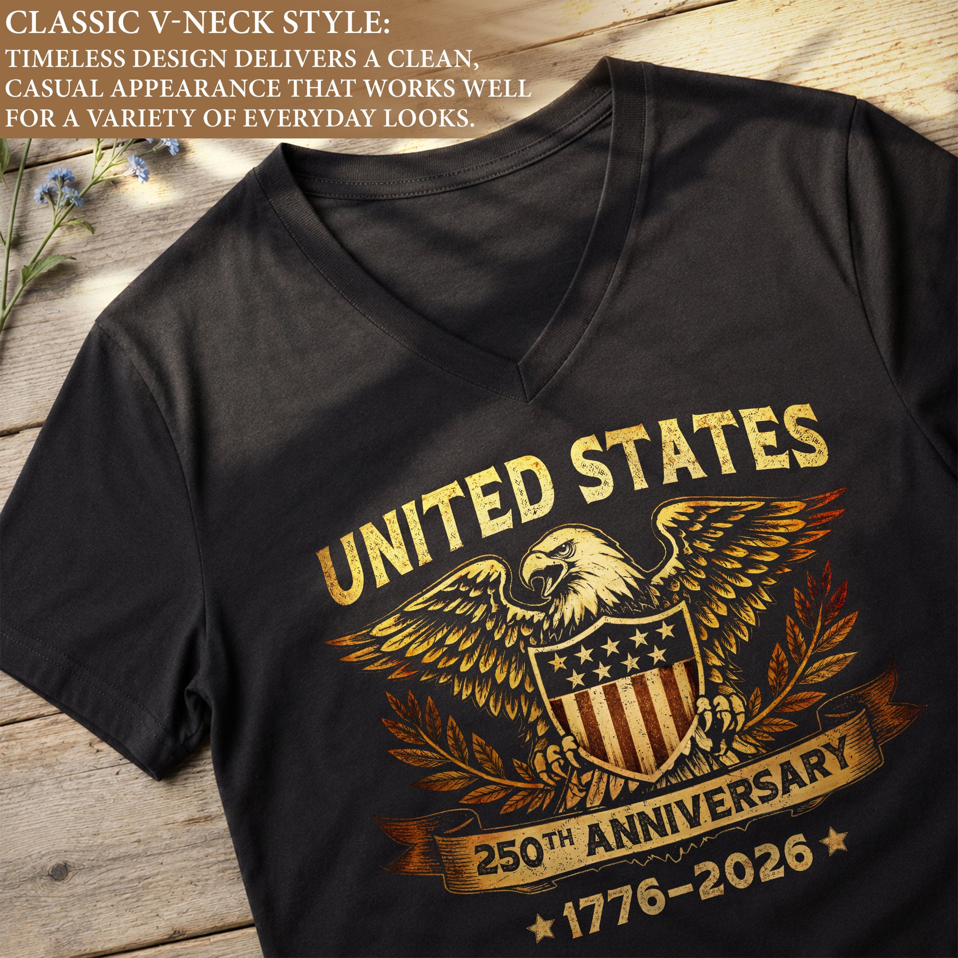 Women's V-Neck Graphic Tee Patriotic Eagle Shield Print 1776-2026 Historical Vintage Top - Rust Field Wear
