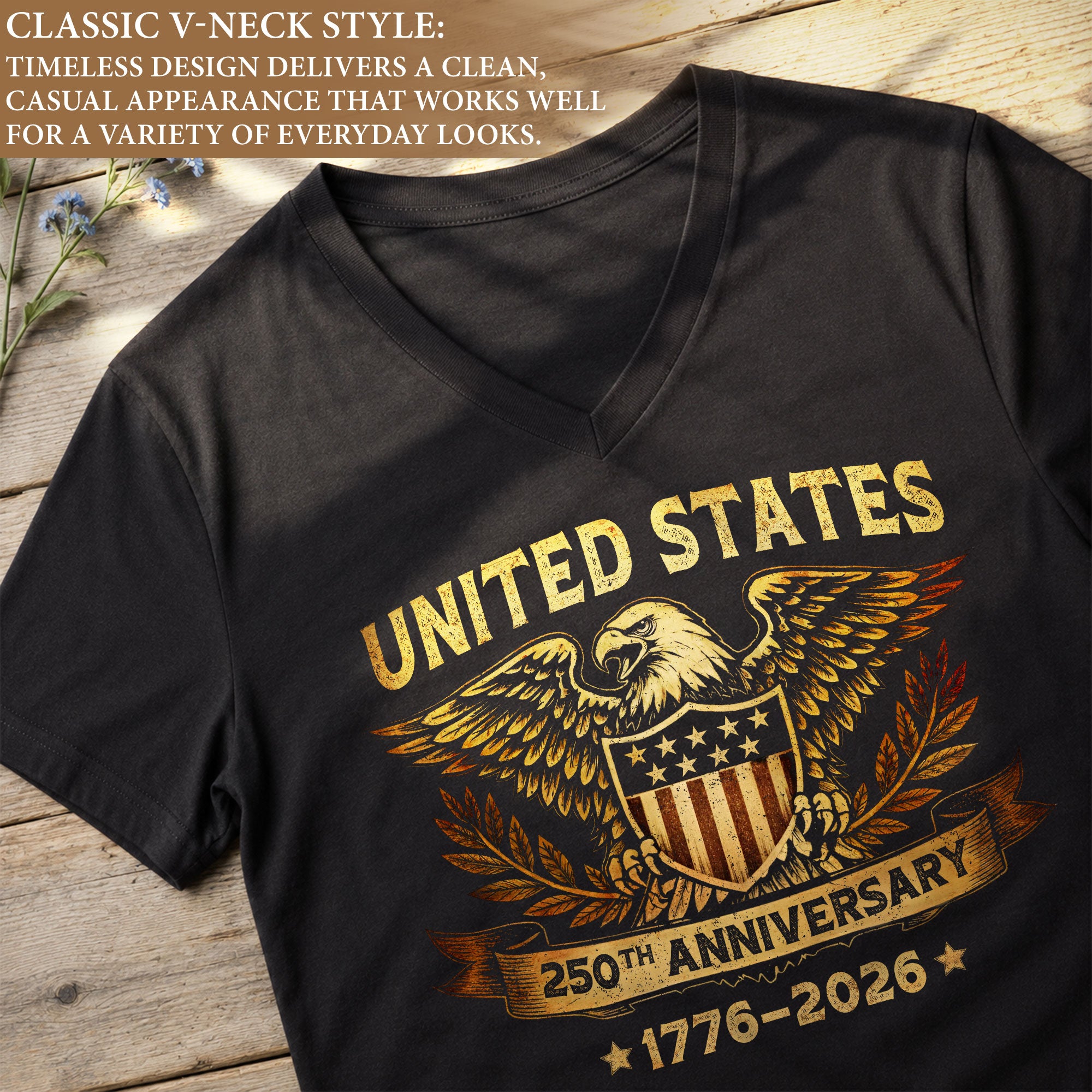 Women's V-Neck Graphic Tee Patriotic Eagle Shield Print 1776-2026 Historical Vintage Top - Rust Field Wear
