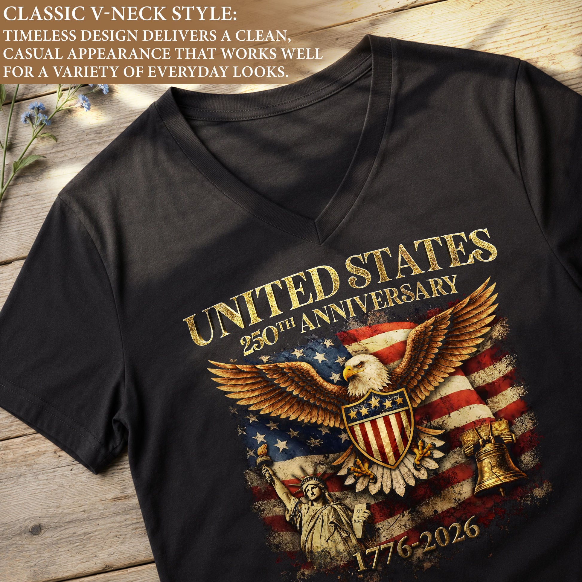 Women's V-Neck Graphic T-Shirt Eagle Statue of Liberty 1776-2026 Patriotic Apparel - Rust Field Wear