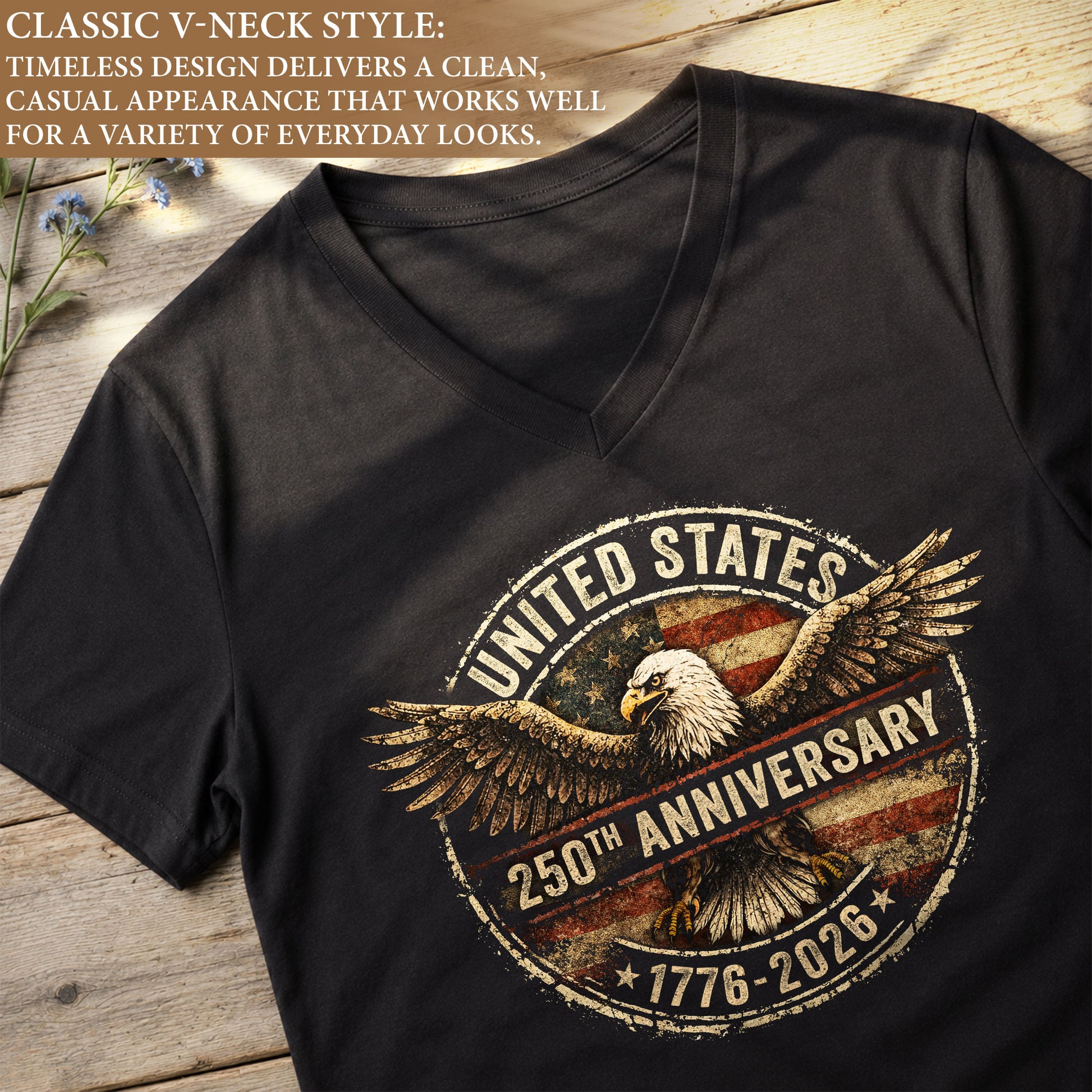 Women's V-Neck Patriotic Graphic Tee United States Eagle 1776-2026 Historical Shirt - Rust Field Wear