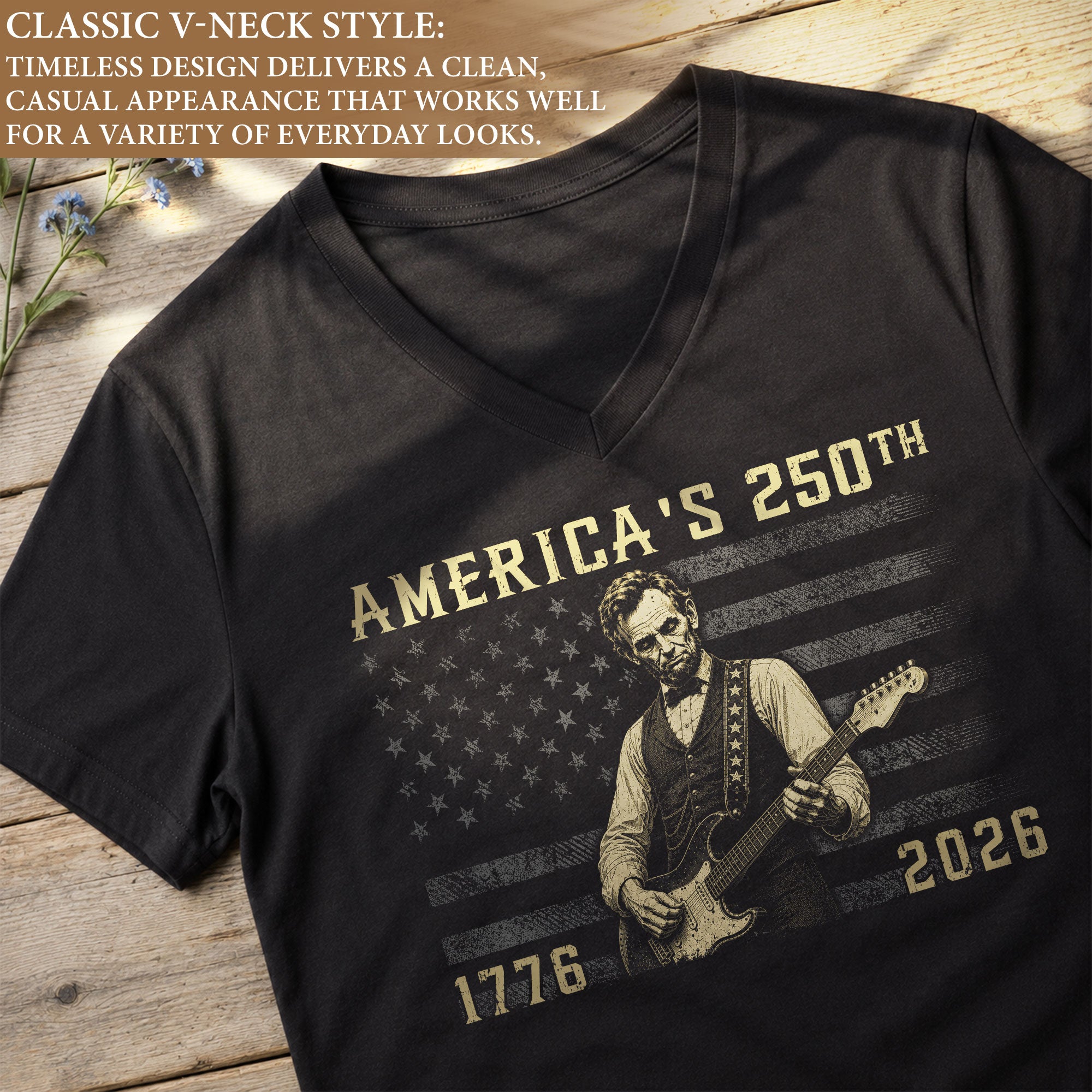 Lincoln Guitar V Neck T-Shirt Patriotic 1776-2026 America 250th Tee Graphic