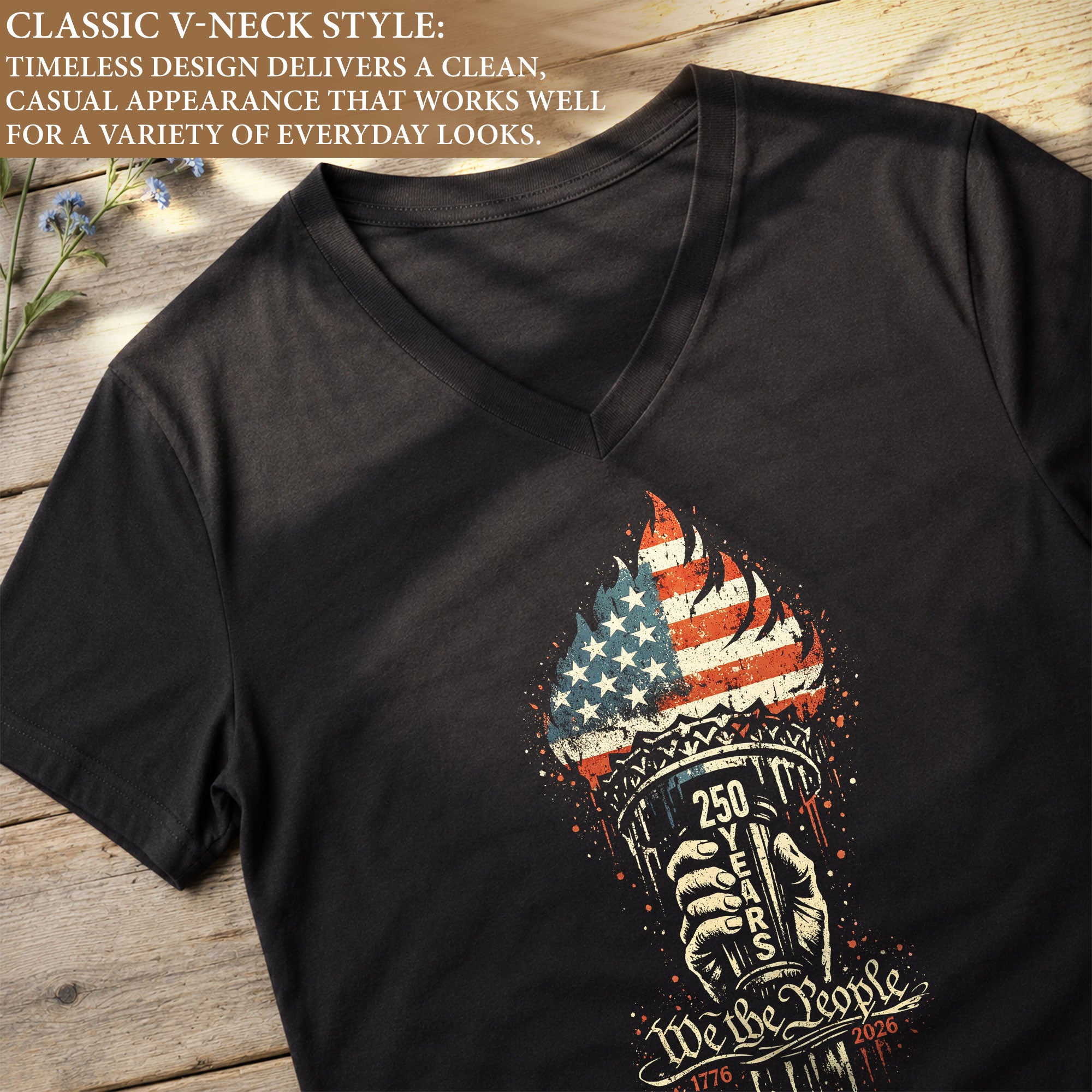 Women's V-Neck T-Shirt We The People 1776-2026 Patriotic Torch Graphic Casual Tee