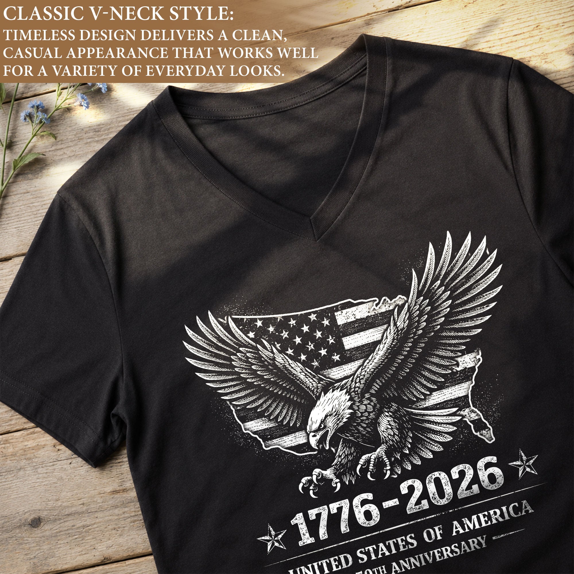 Women's V-Neck Tee Patriotic Eagle Map 1776-2026 Graphic Shirt Vintage Style Cotton