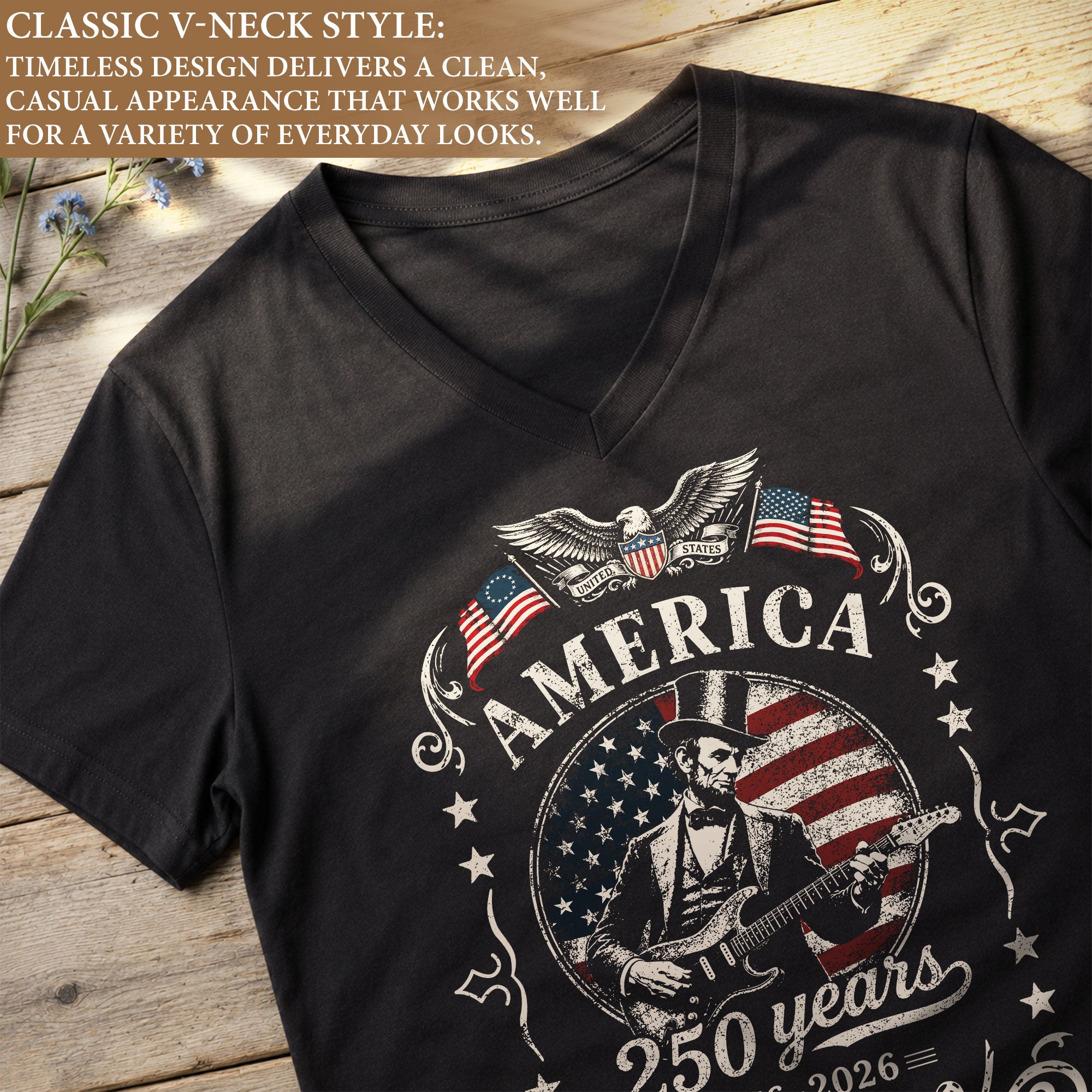 Lincoln Guitar V Neck T-Shirt Patriotic 1776-2026 Freedom Anniversary Tee