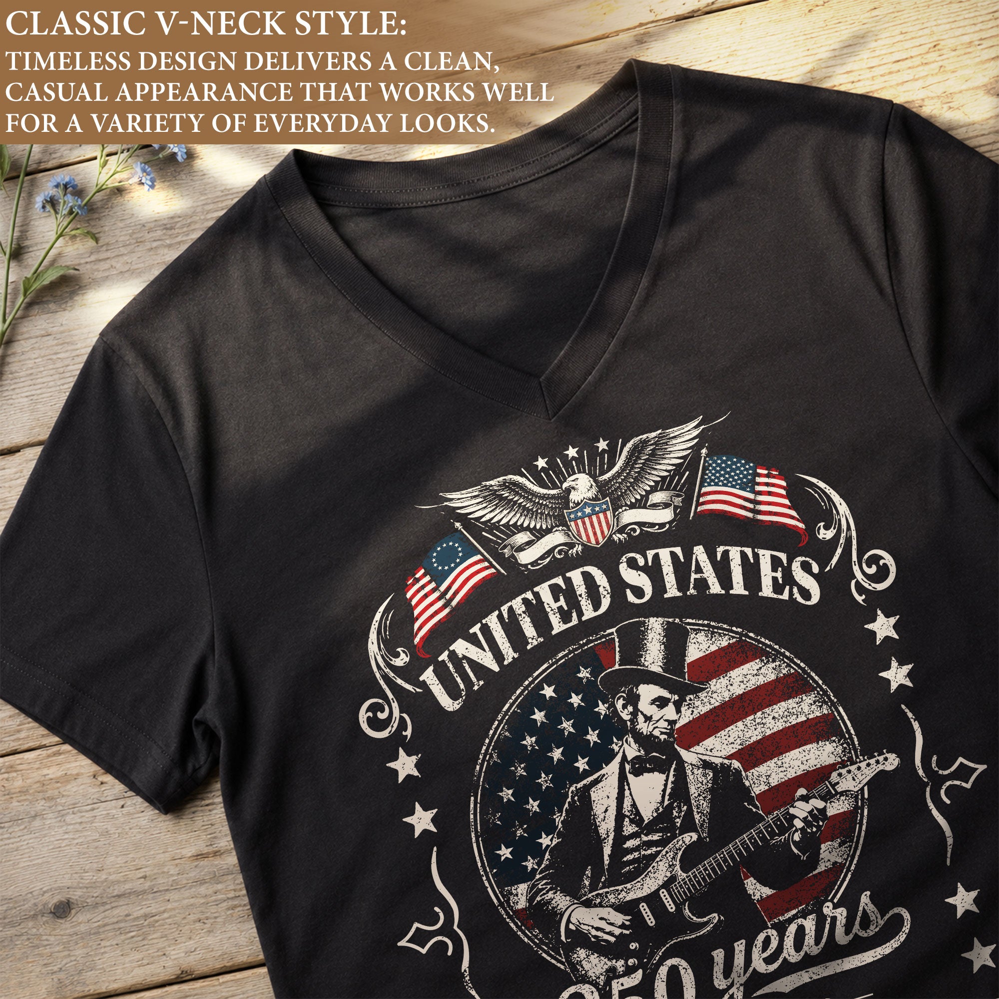 Lincoln Guitar V Neck T-Shirt Patriotic 1776-2026 Freedom Anniversary Tee