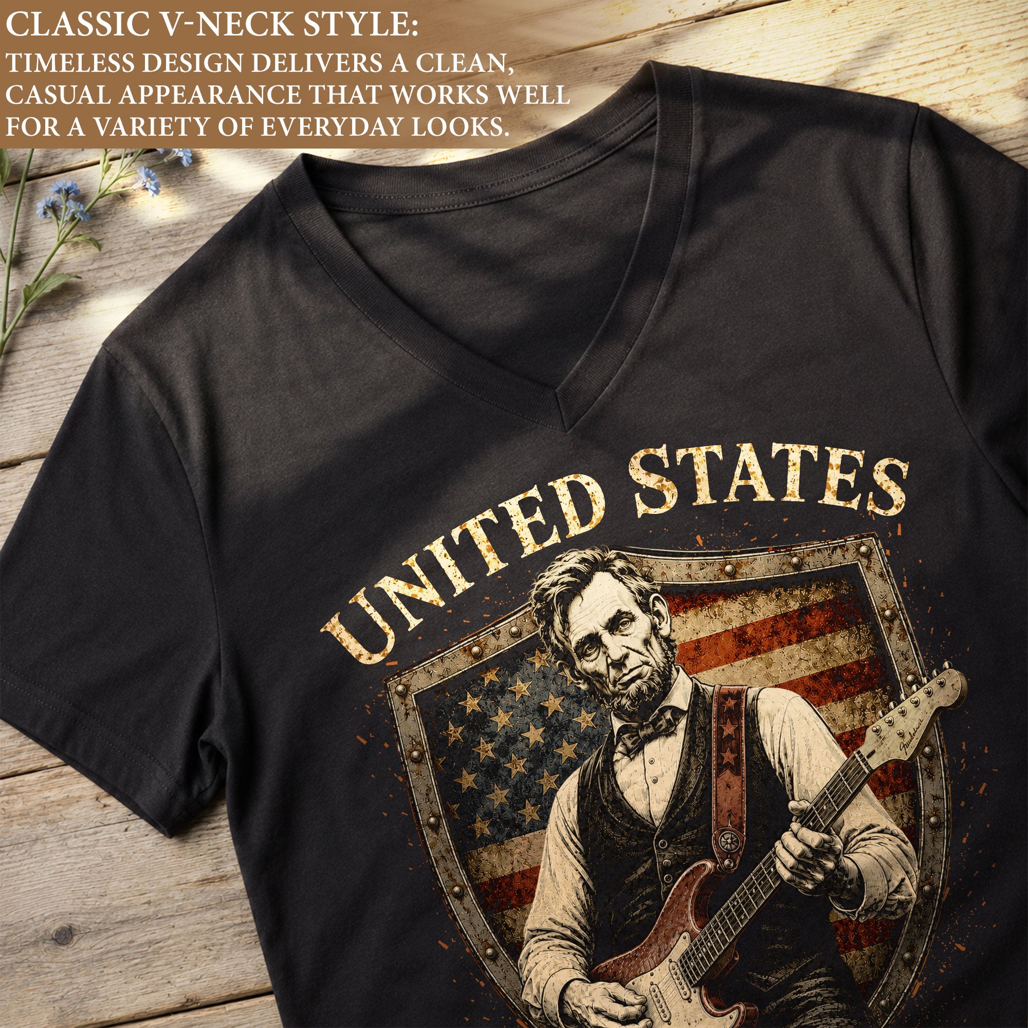 Lincoln Guitar V Neck T-Shirt Patriotic 1776-2026 250 Years Freedom Women Tee