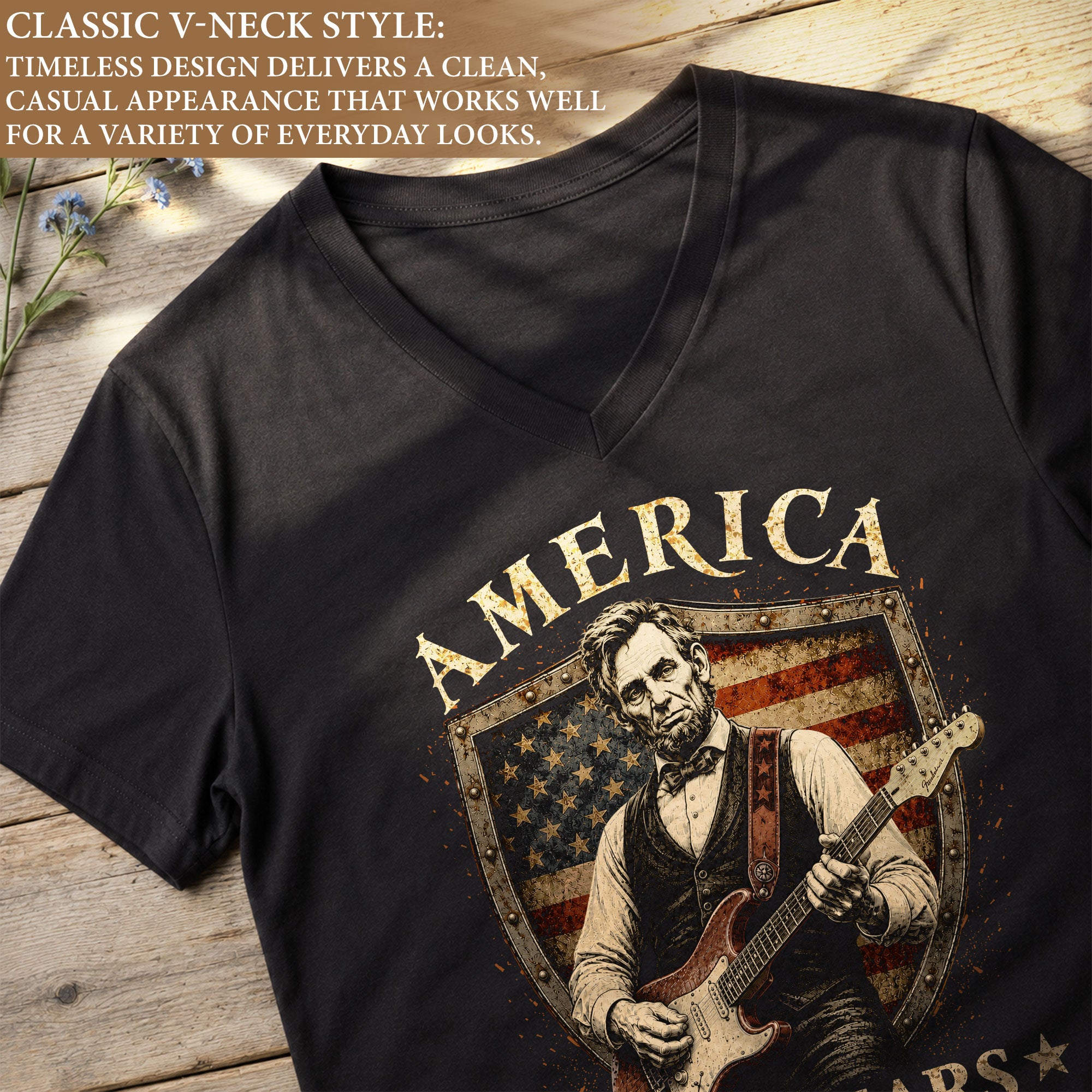 Lincoln Guitar V Neck T-Shirt Patriotic 1776-2026 250 Years Freedom Women Tee