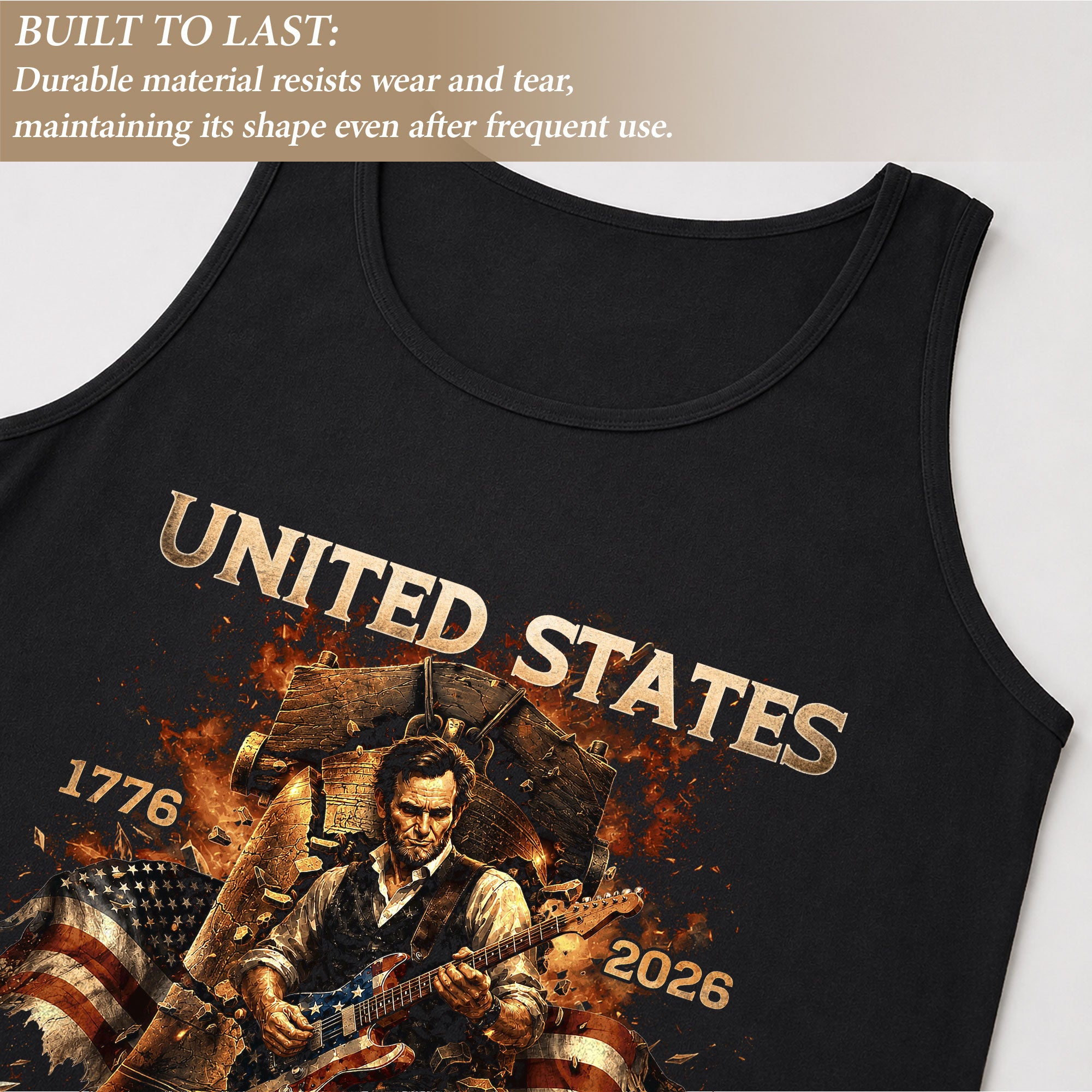 Men's Tank Top Patriotic Guitarist Bell Graphic 1776-2026 Historical Style Sleeveless Tee
