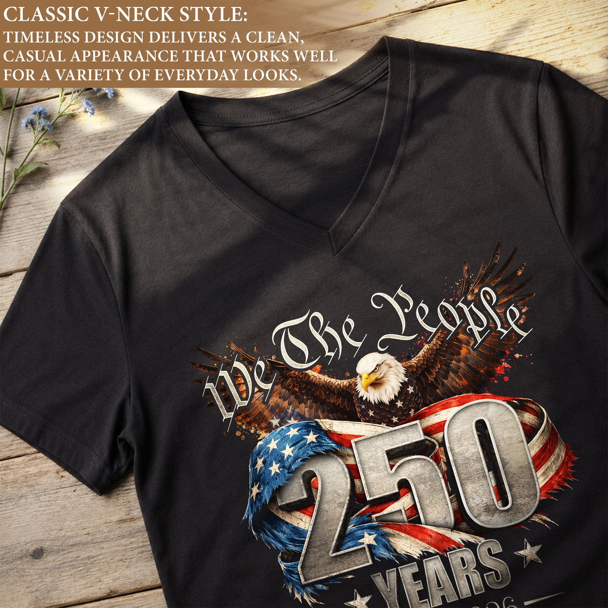 We The People V Neck T-Shirt Patriotic Eagle 1776-2026 America 250 Years Navy Tee