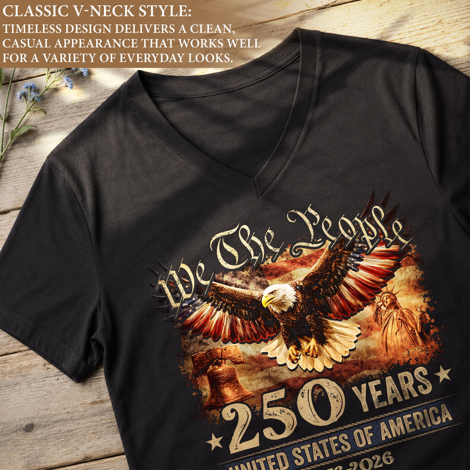 Patriotic Eagle Liberty Bell V-Neck Shirt Vintage 1776-2026 America 250 Years Tee