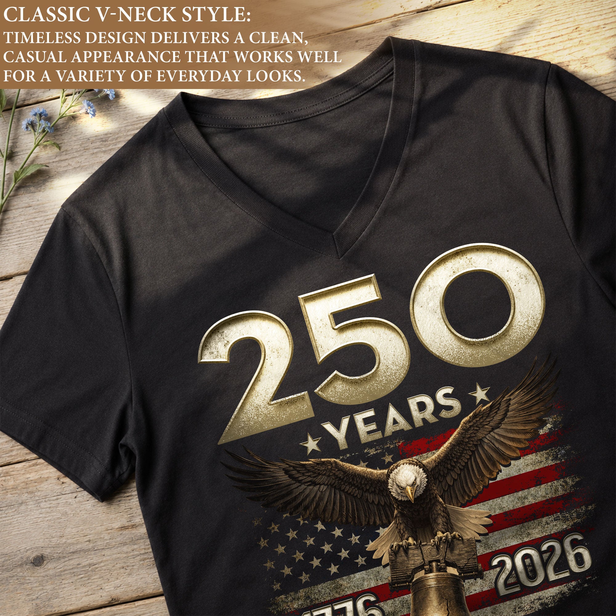 250 Years Eagle V-Neck T-Shirt Patriotic USA Flag 1776-2026 American Freedom Tee
