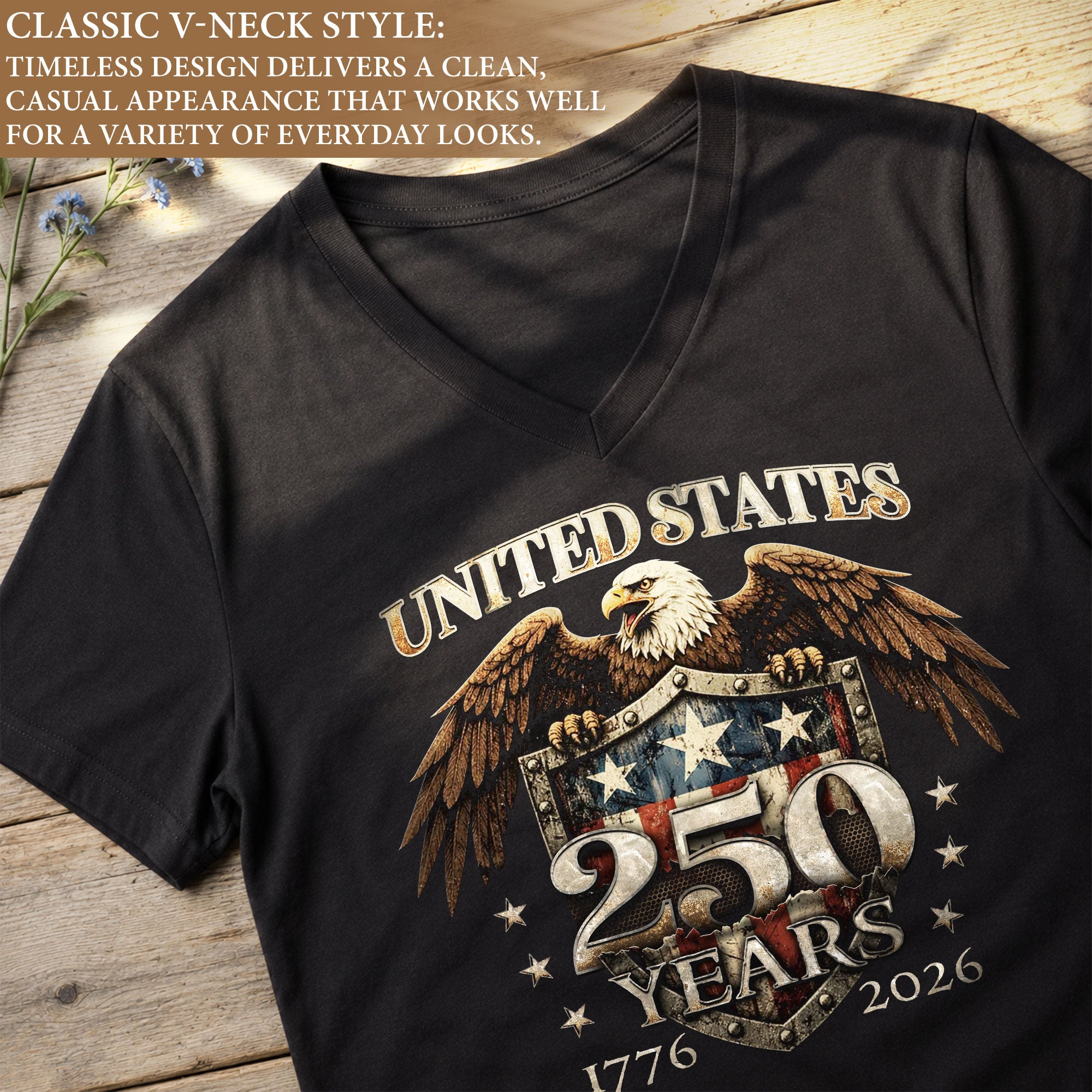 United States 250 Years Eagle V-Neck T-Shirt Patriotic USA Flag 1776-2026 Tee