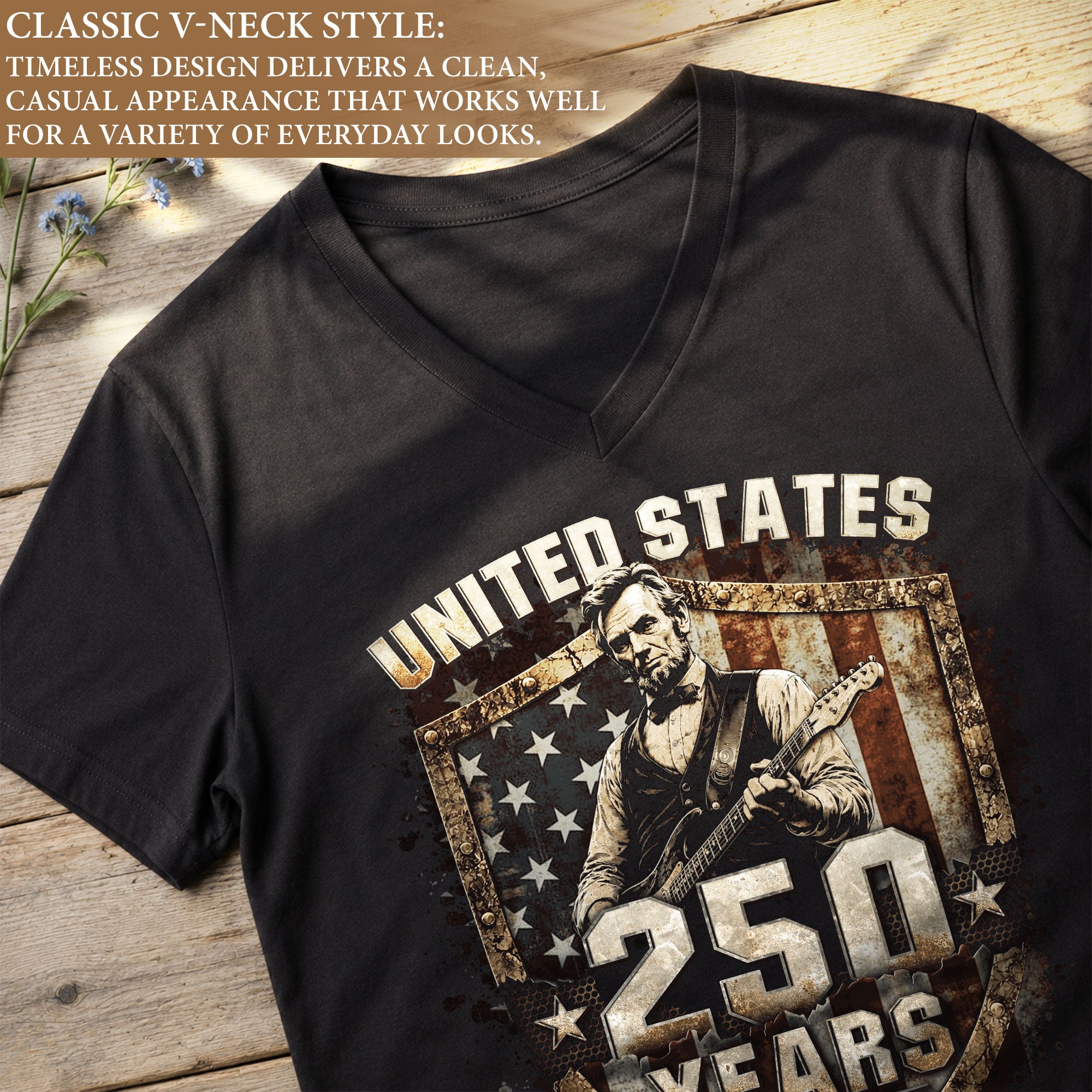 America 250 Years V-Neck T-Shirt Abraham Lincoln Patriotic USA 1776-2026 Tee